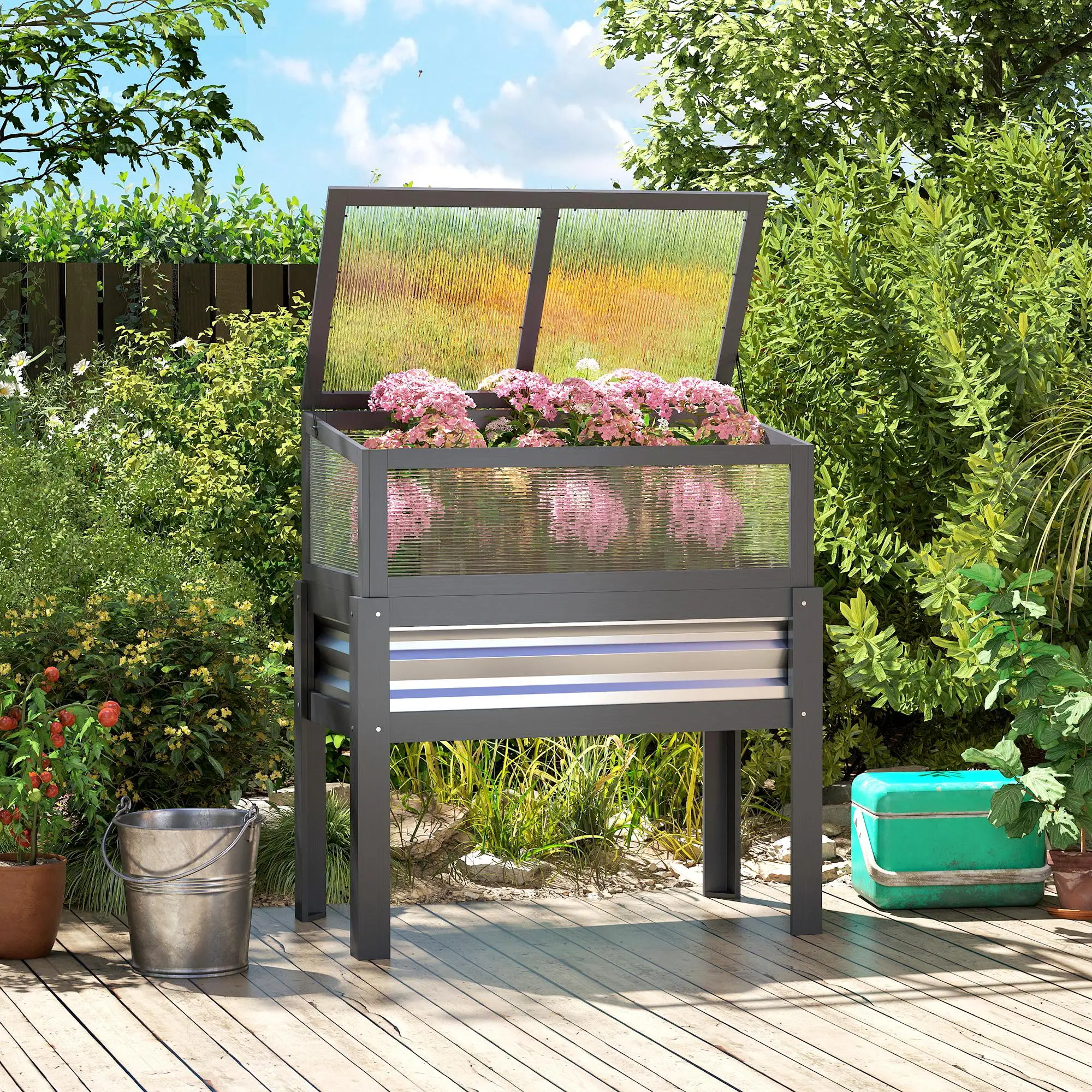 Raised Garden Bed With Greenhouse Top, Wooden Elevated Planter, Grey - Image 8