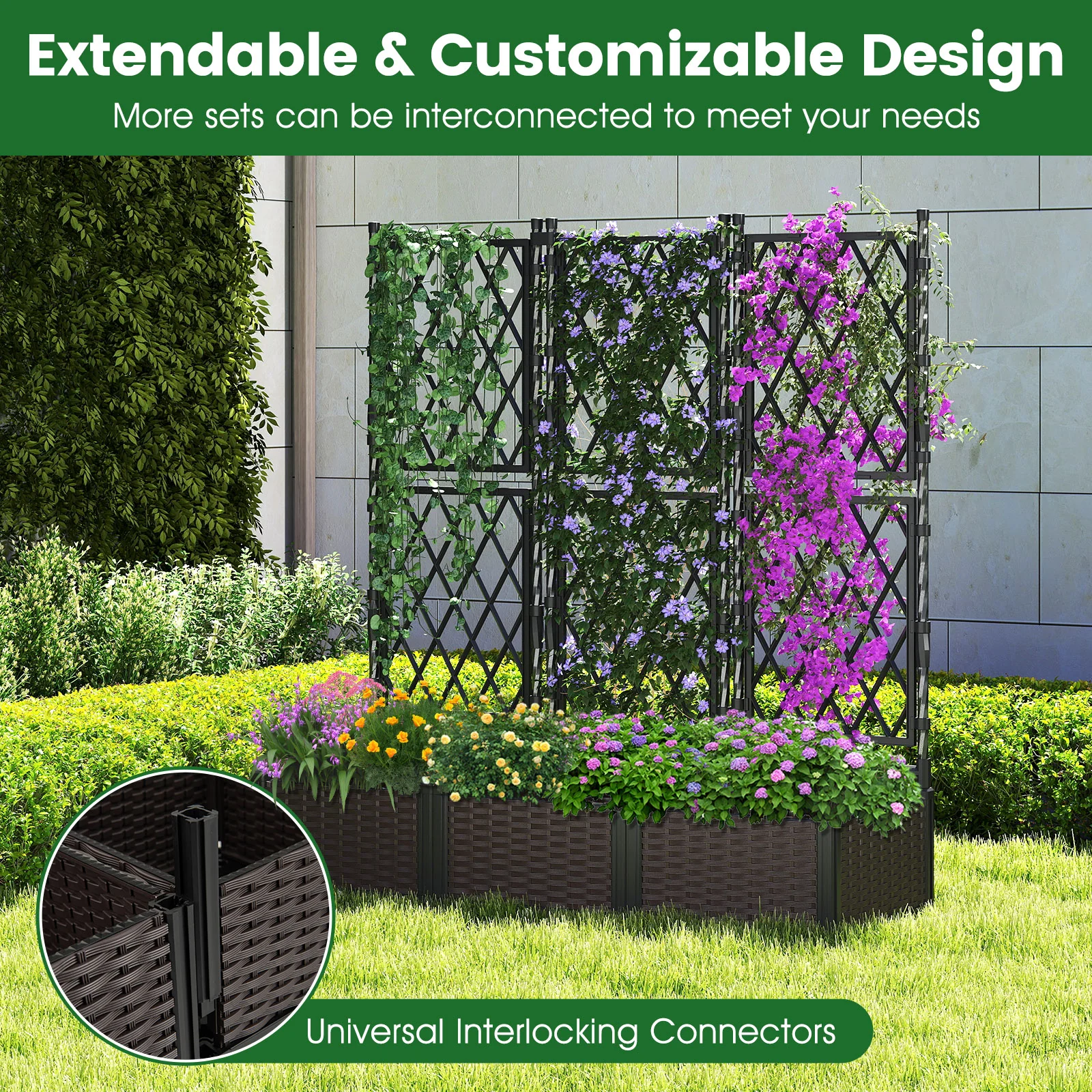 Raised Garden Bed with Lattice Trellis Drainage Self-Watering Elevated Vertical Planter Boxes, Black - Image 10