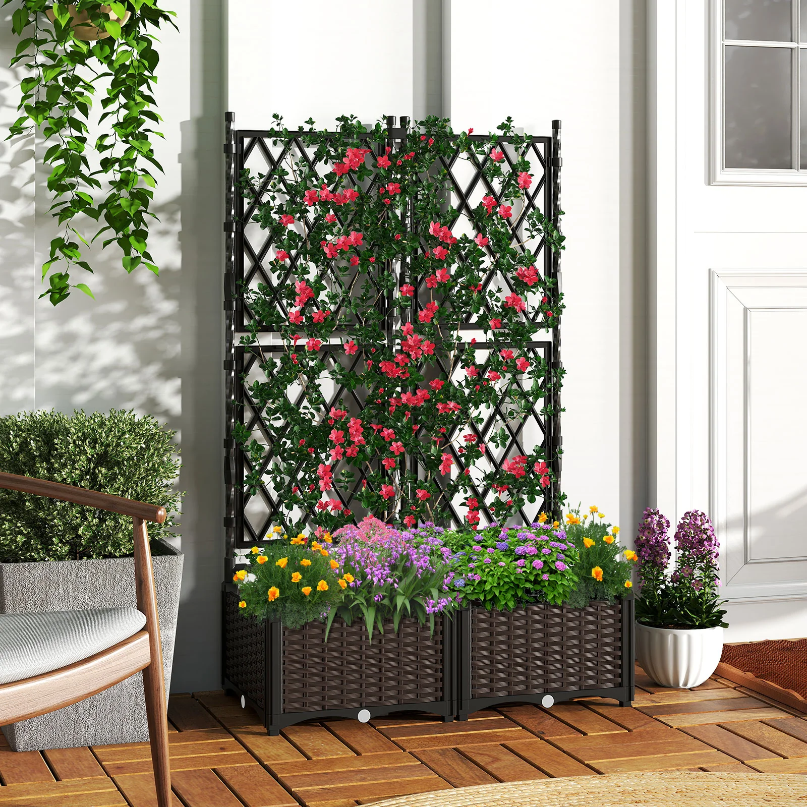 Raised Garden Bed with Lattice Trellis Drainage Self-Watering Elevated Vertical Planter Boxes, Black - Image 2