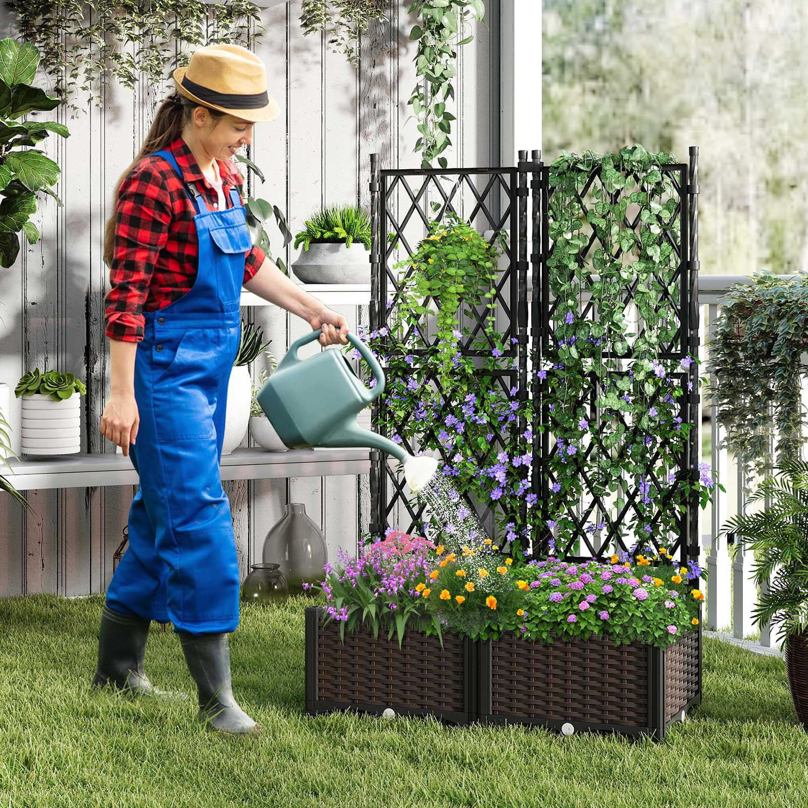 Raised Garden Bed with Lattice Trellis Drainage Self-Watering Elevated Vertical Planter Boxes, Black - Image 3