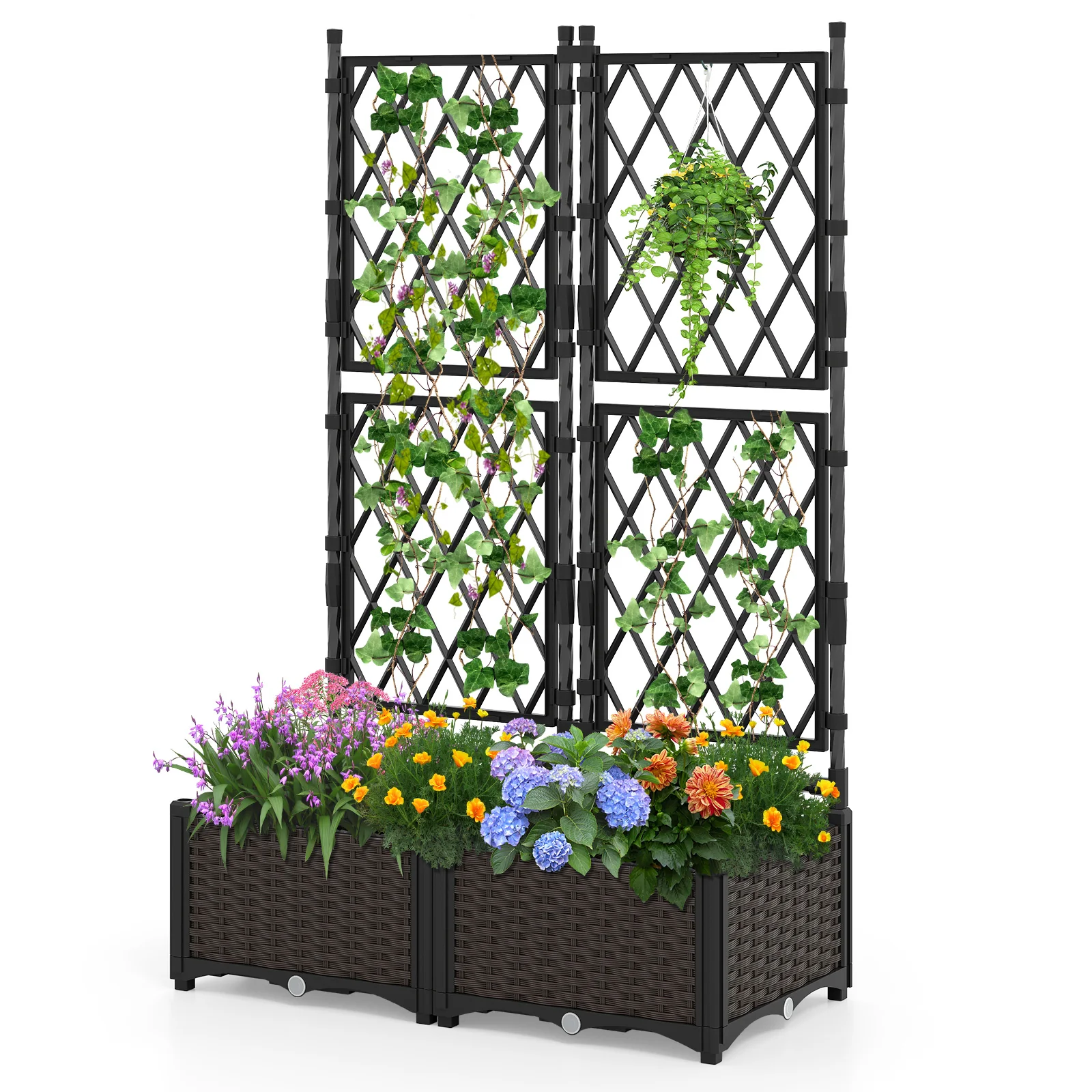 Raised Garden Bed with Lattice Trellis Drainage Self-Watering Elevated Vertical Planter Boxes, Black - Image 4