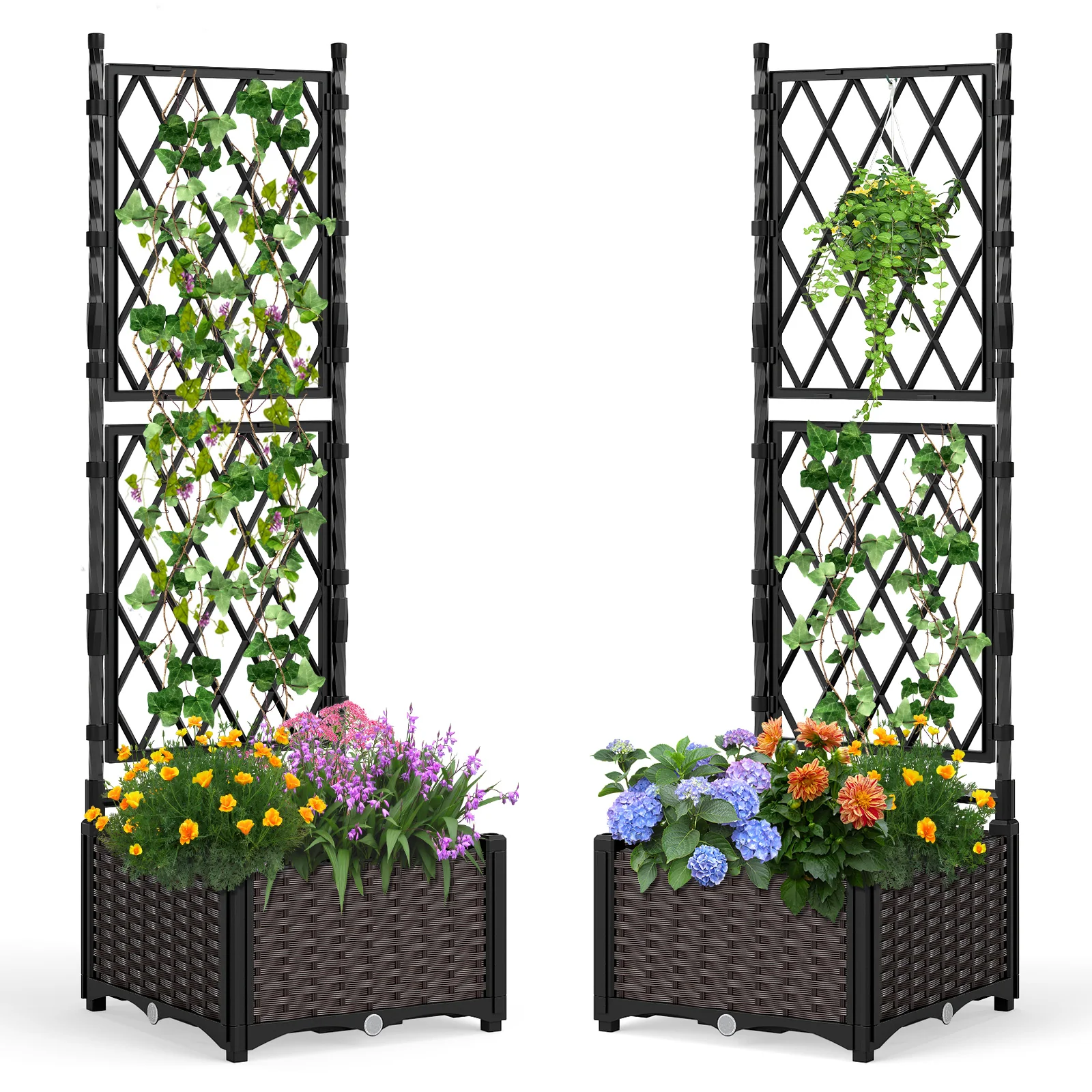 Raised Garden Bed with Lattice Trellis Drainage Self-Watering Elevated Vertical Planter Boxes, Black - Image 5