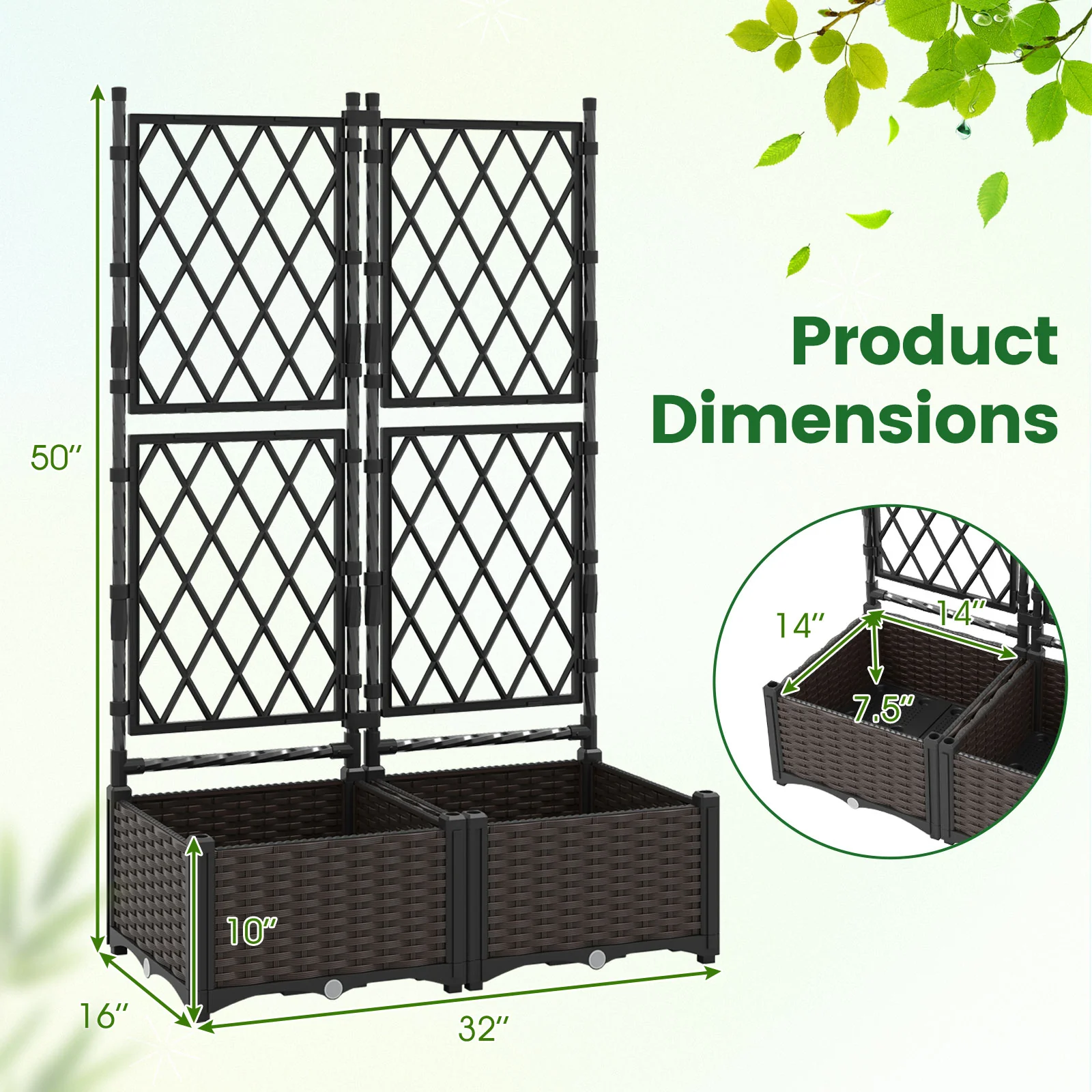 Raised Garden Bed with Lattice Trellis Drainage Self-Watering Elevated Vertical Planter Boxes, Black - Image 6