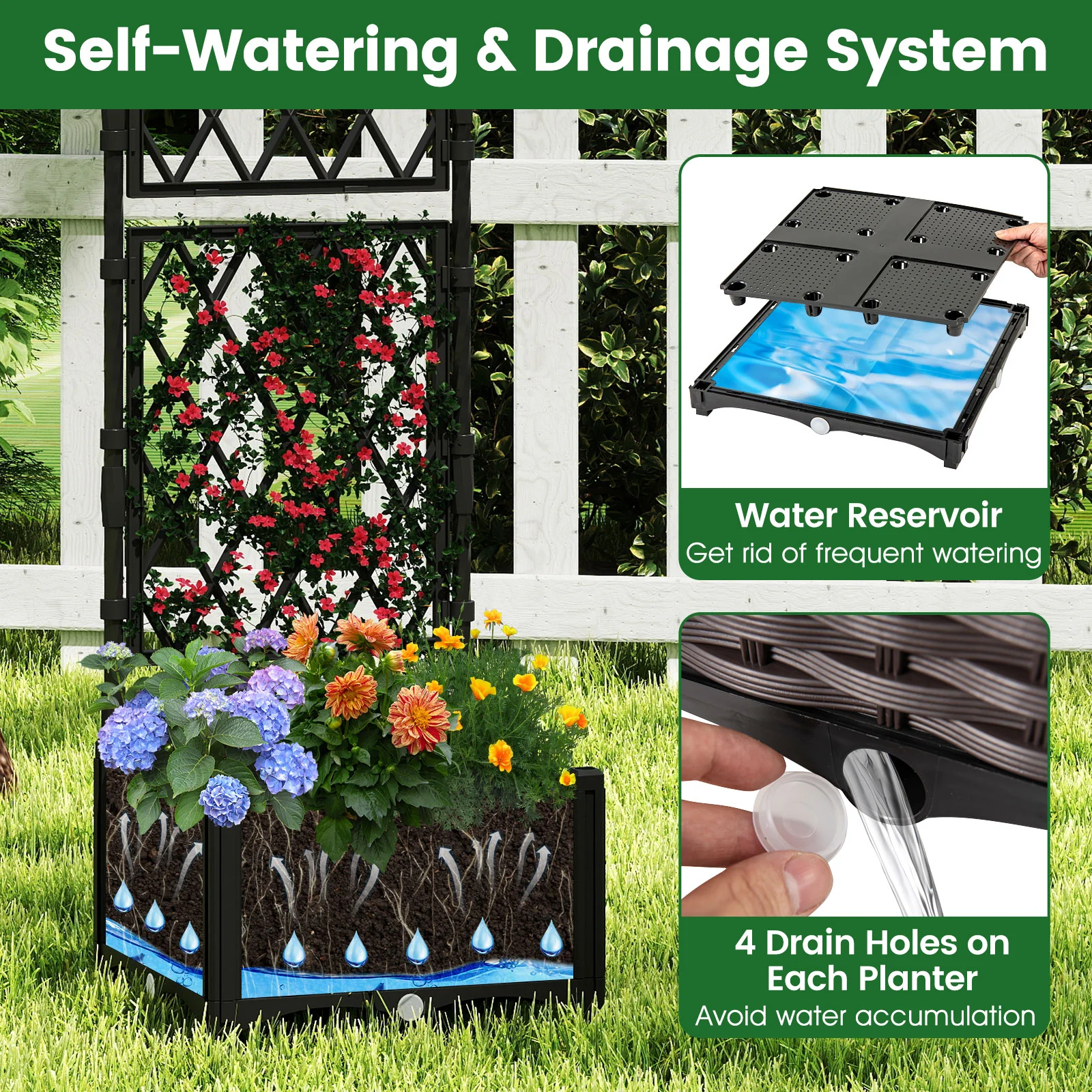 Raised Garden Bed with Lattice Trellis Drainage Self-Watering Elevated Vertical Planter Boxes, Black - Image 7