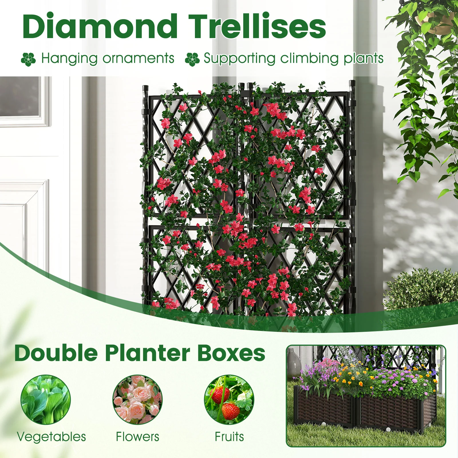 Raised Garden Bed with Lattice Trellis Drainage Self-Watering Elevated Vertical Planter Boxes, Black - Image 9