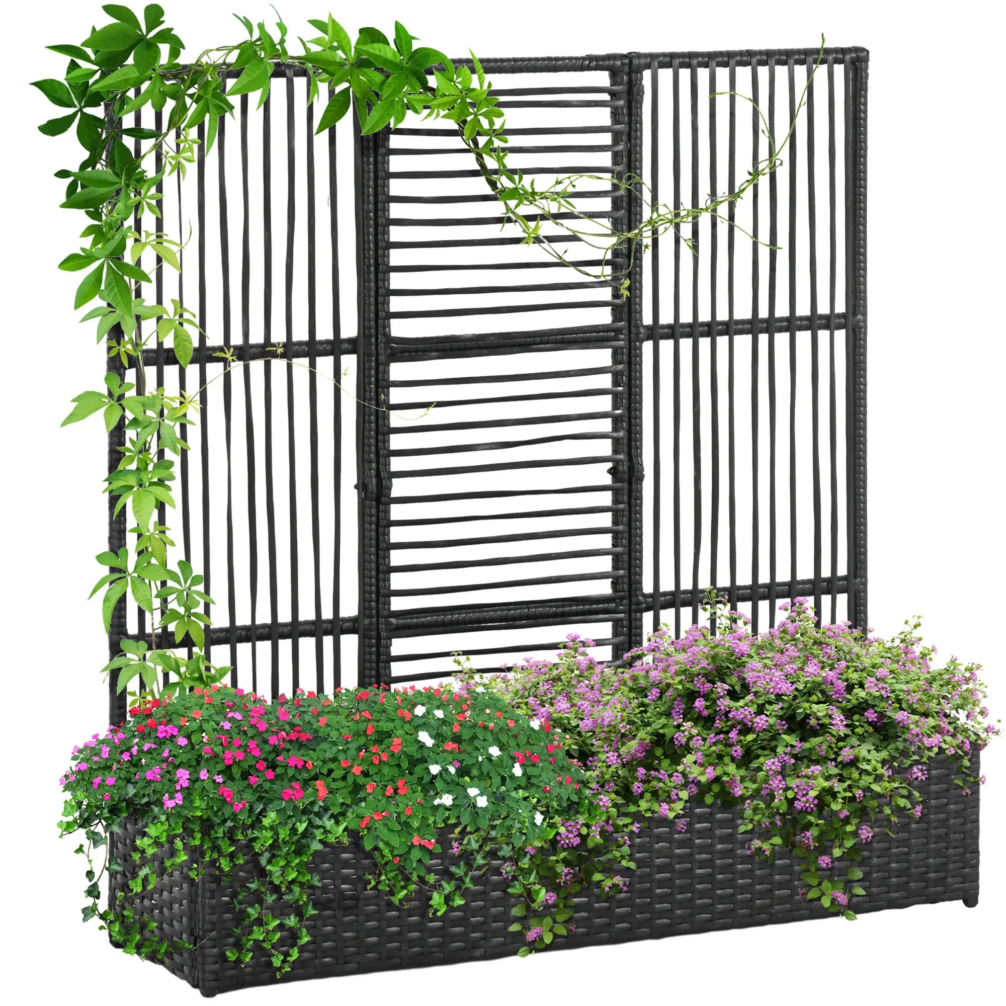 Raised Garden Bed with Lattice Trellis, Rattan Planter with Storage, Black - Image 11
