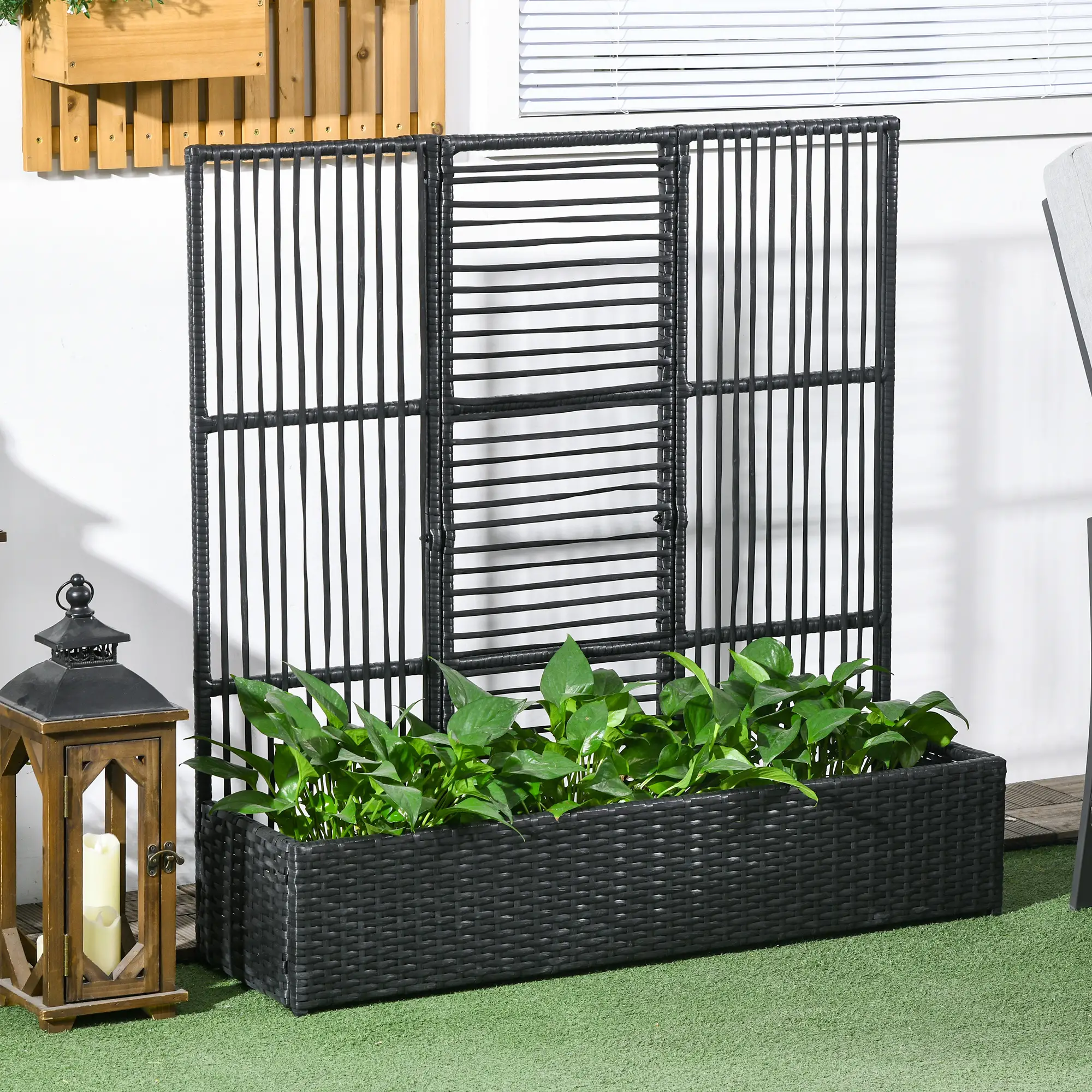 Raised Garden Bed with Lattice Trellis, Rattan Planter with Storage, Black - Image 2