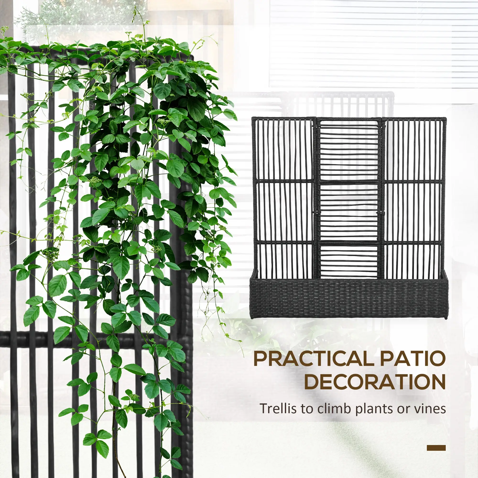 Raised Garden Bed with Lattice Trellis, Rattan Planter with Storage, Black - Image 4