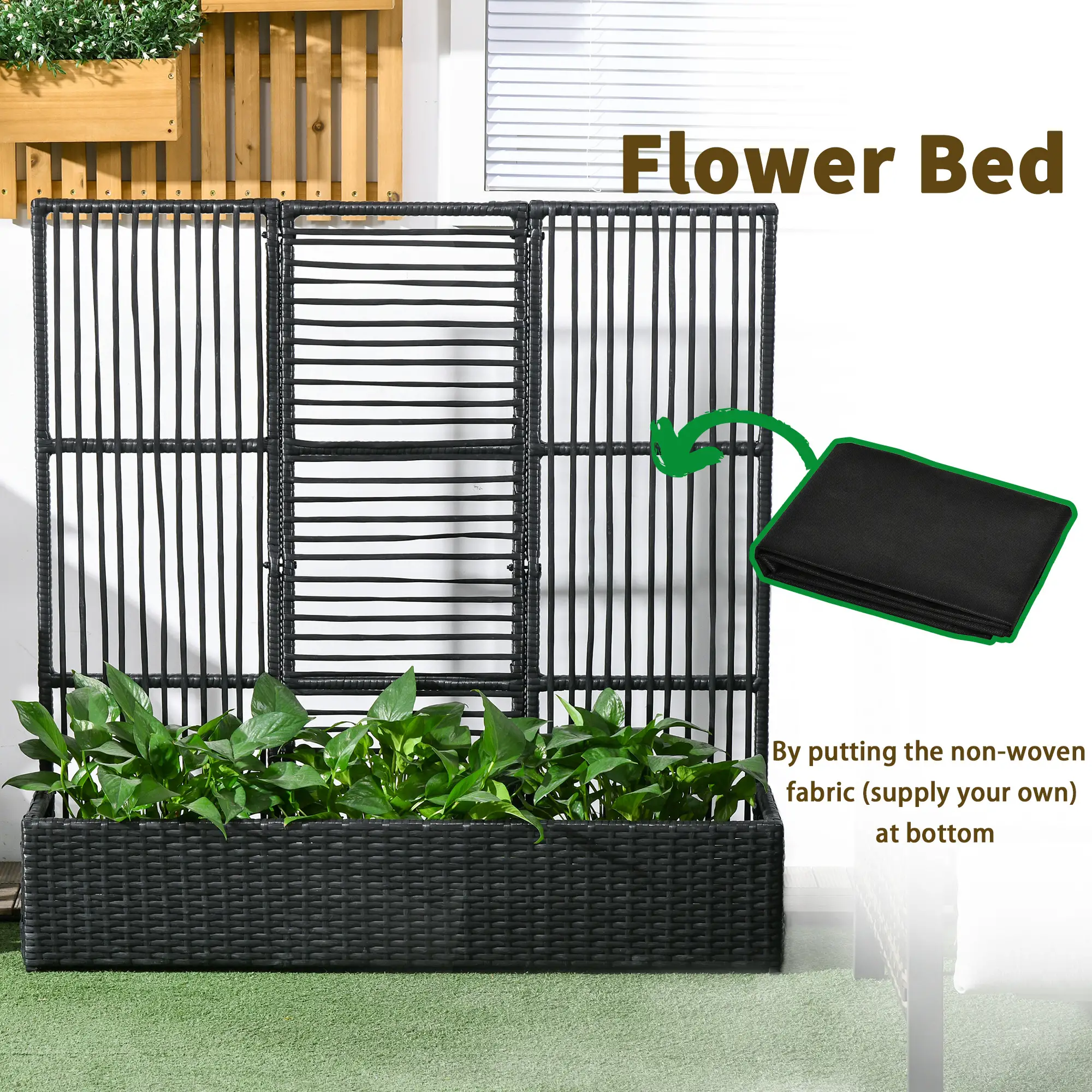 Raised Garden Bed with Lattice Trellis, Rattan Planter with Storage, Black - Image 7