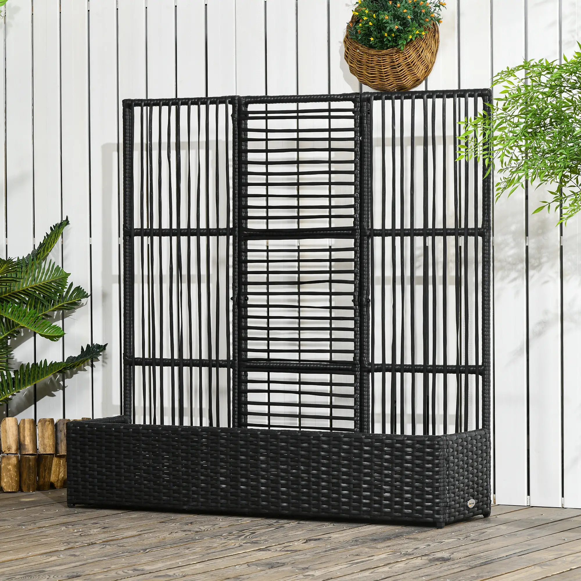 Raised Garden Bed with Lattice Trellis, Rattan Planter with Storage, Black - Image 8