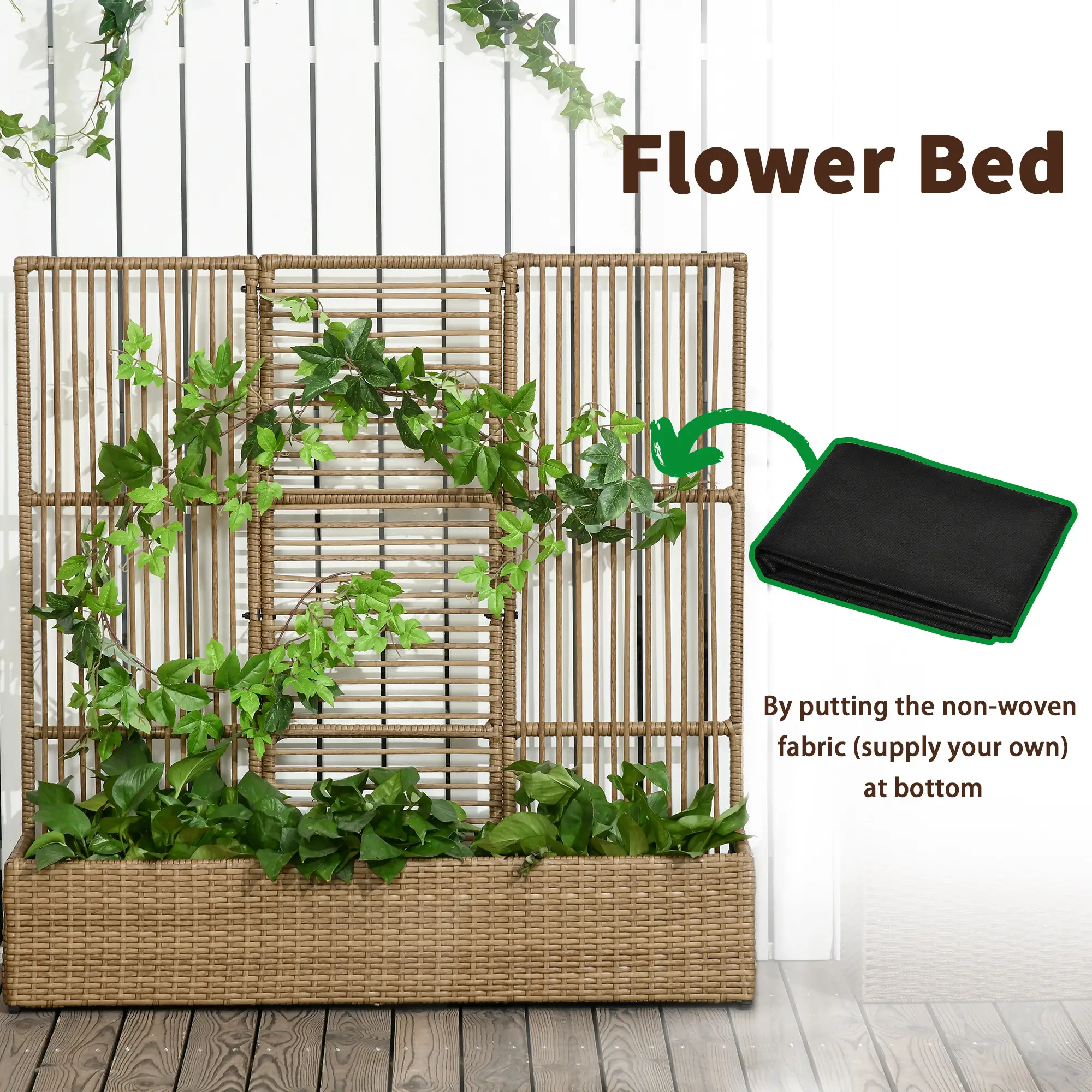Raised Garden Bed with Lattice Trellis, Rattan Planter with Storage, Sand Brown - Image 7