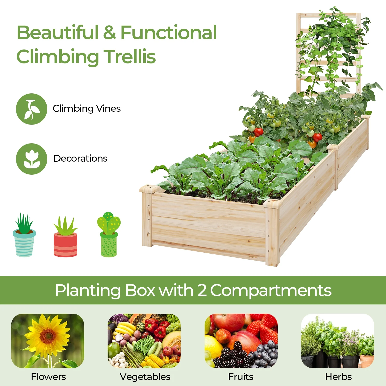 Raised Garden Bed with Planter Box and Trellis, Natural - Image 10