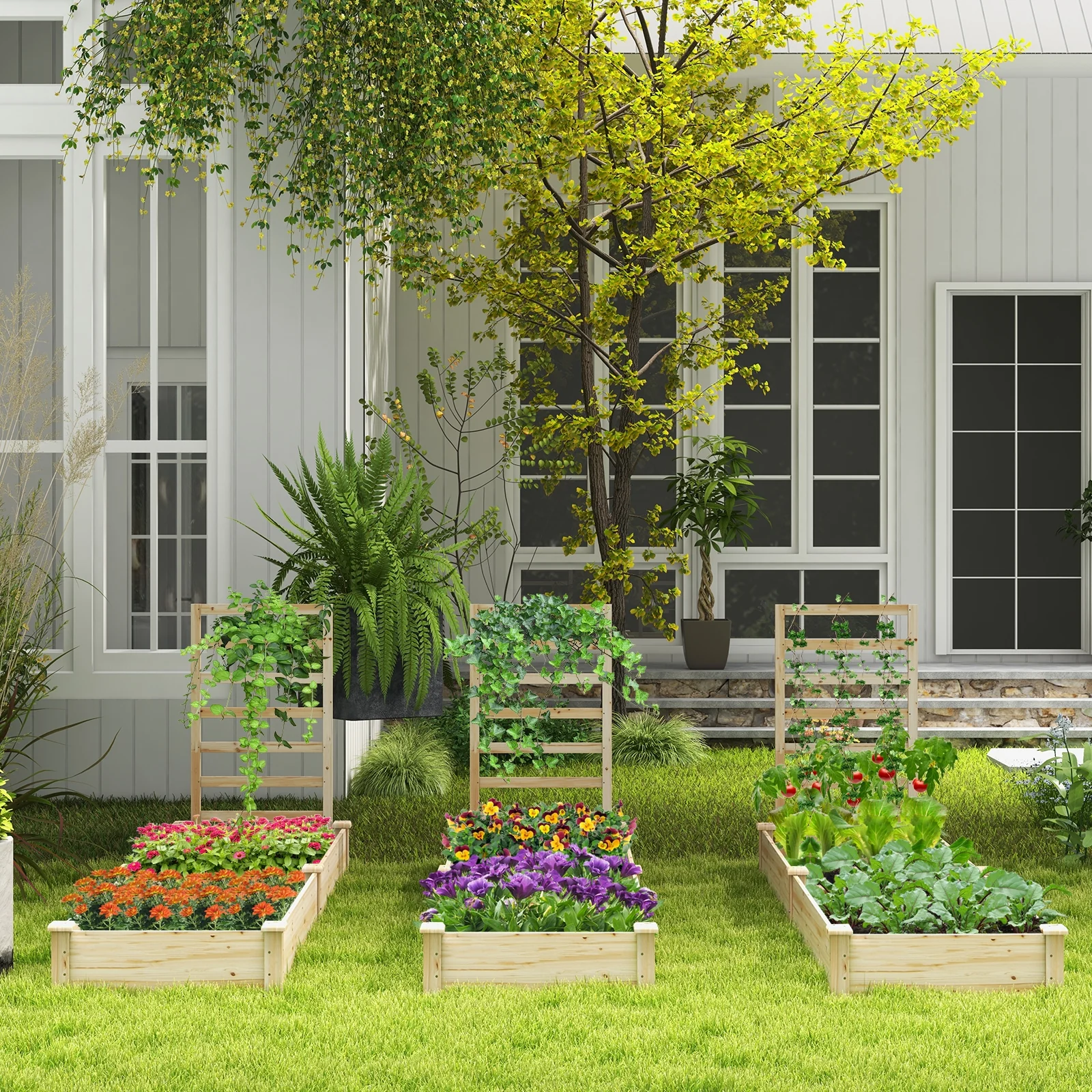 Raised Garden Bed with Planter Box and Trellis, Natural - Image 2