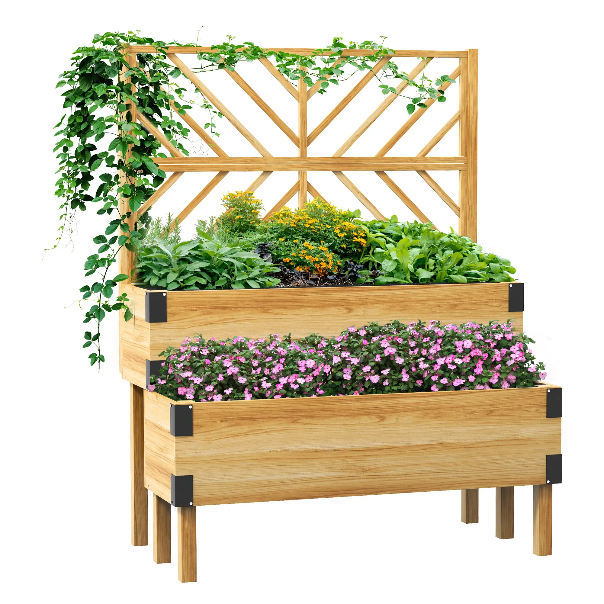 Raised Garden Bed With Trellis, 2 Tier Wooden Elevated Planter Box - Image 11