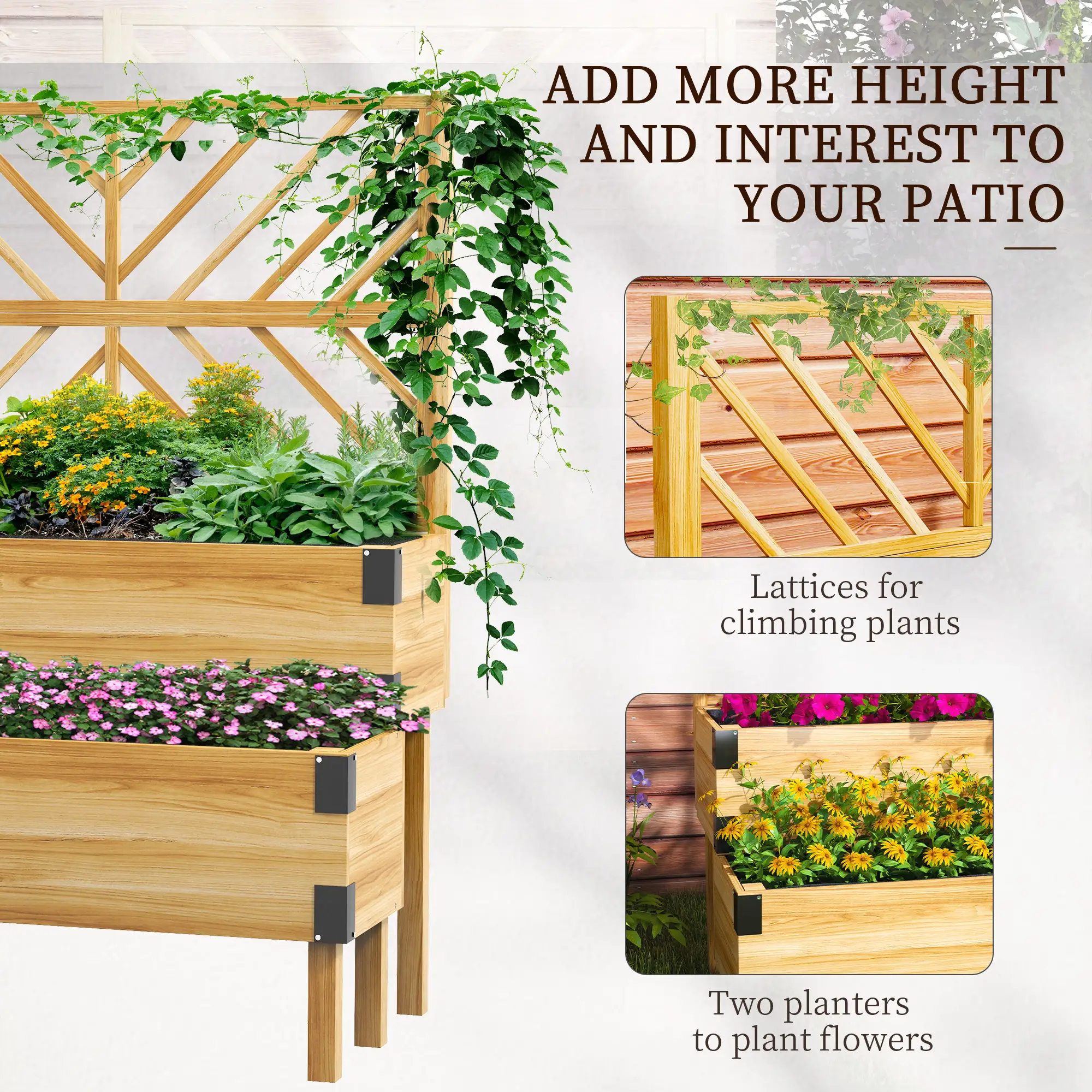 Raised Garden Bed With Trellis, 2 Tier Wooden Elevated Planter Box - Image 4