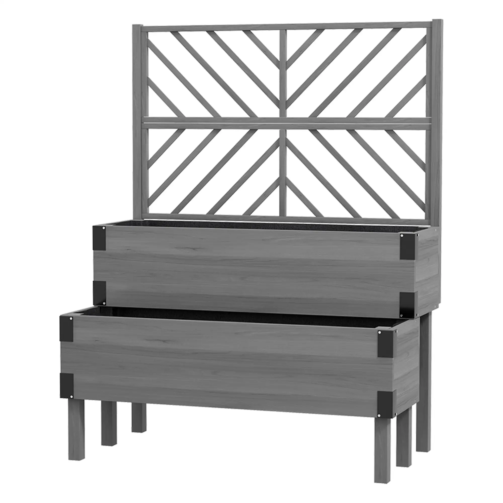 Raised Garden Bed with Trellis, 2 Tier Wooden Planter Box, Grey