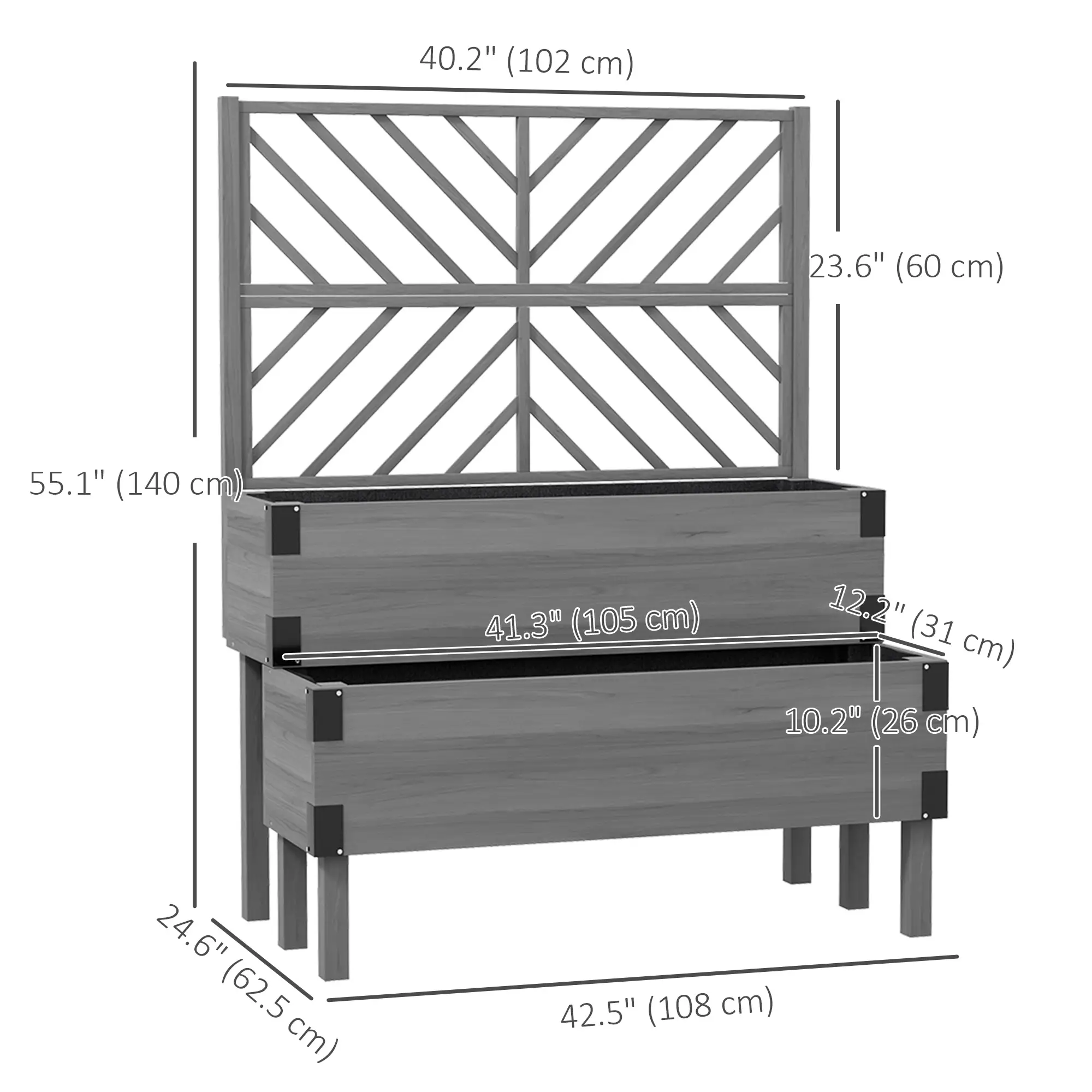 Raised Garden Bed with Trellis, 2 Tier Wooden Planter Box, Grey - Image 3