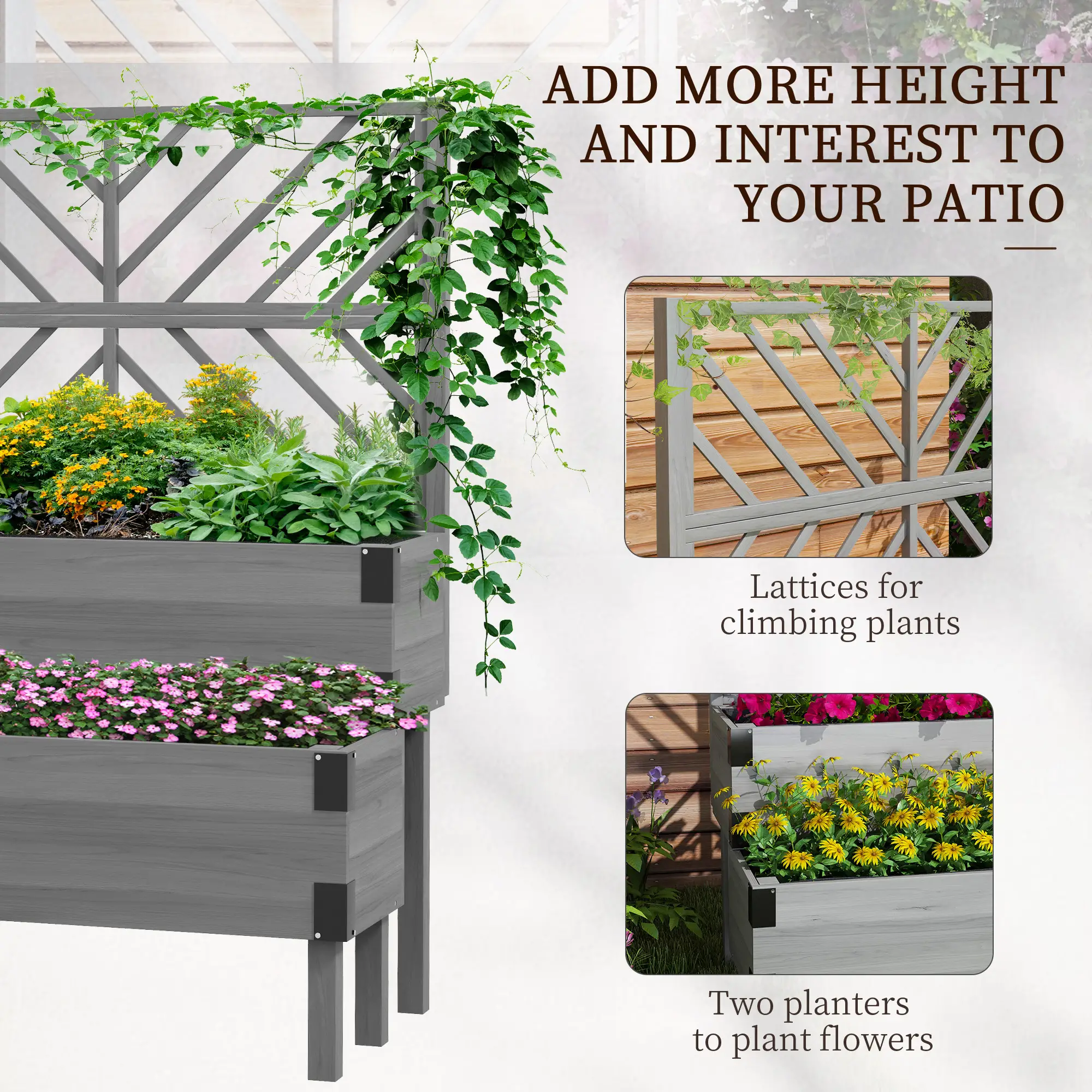 Raised Garden Bed with Trellis, 2 Tier Wooden Planter Box, Grey - Image 4