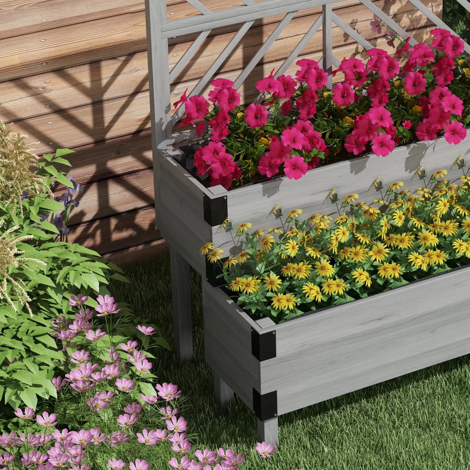 Raised Garden Bed with Trellis, 2 Tier Wooden Planter Box, Grey - Image 9