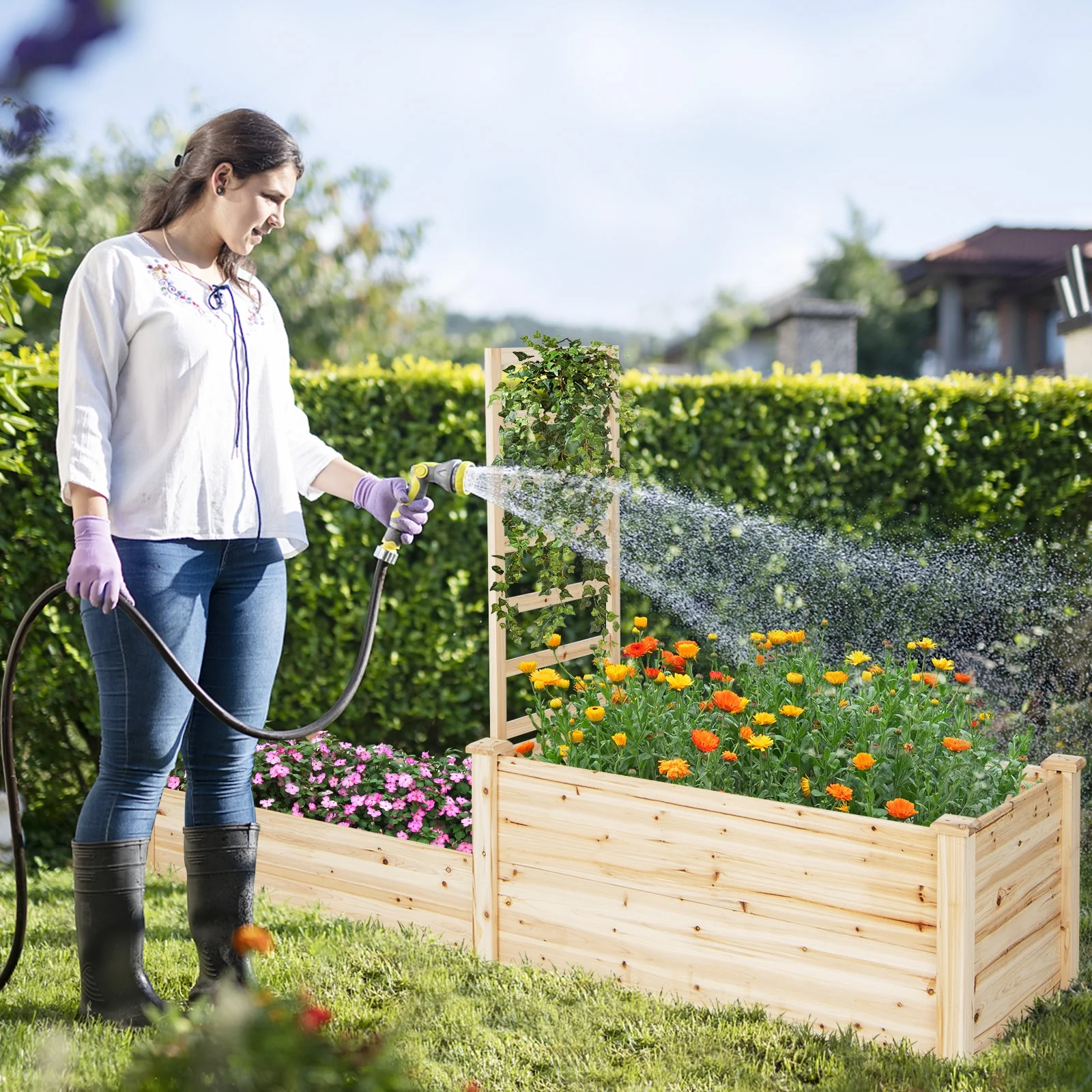 Raised Garden Bed With Trellis, Natural - Image 2
