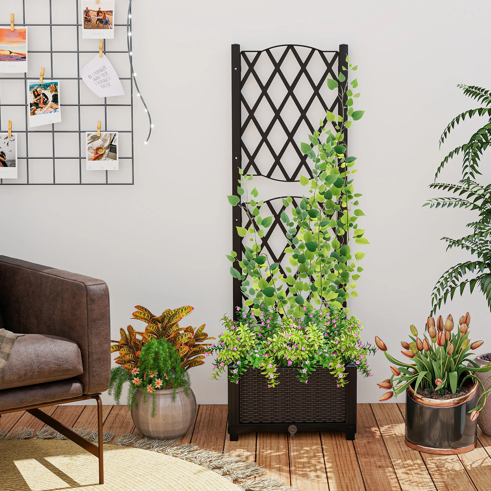 Raised Garden Bed With Trellis Planter Box, Brown - Image 3