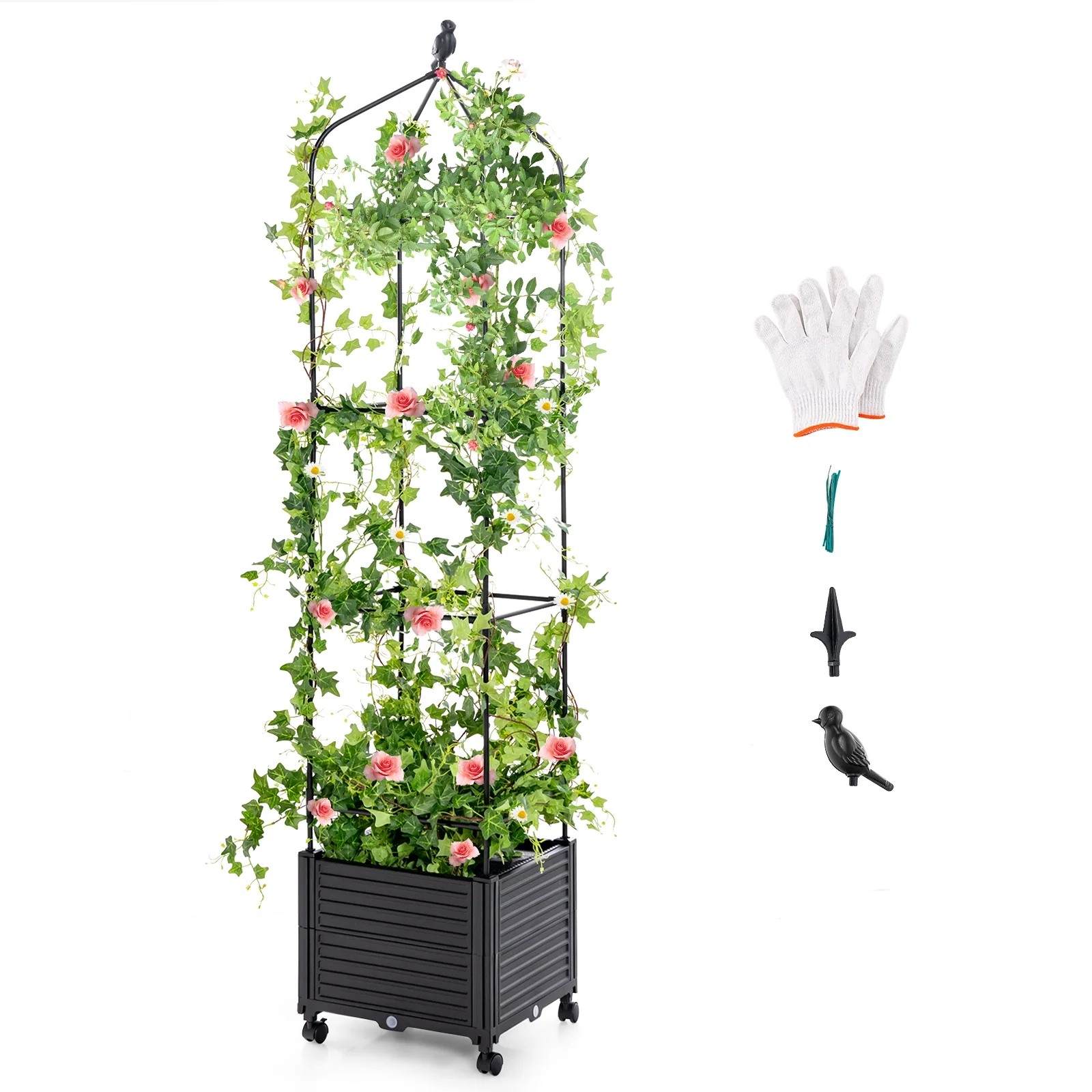 Raised Garden Bed With Trellis, Self-Drainage, Wheels, Black - Image 4