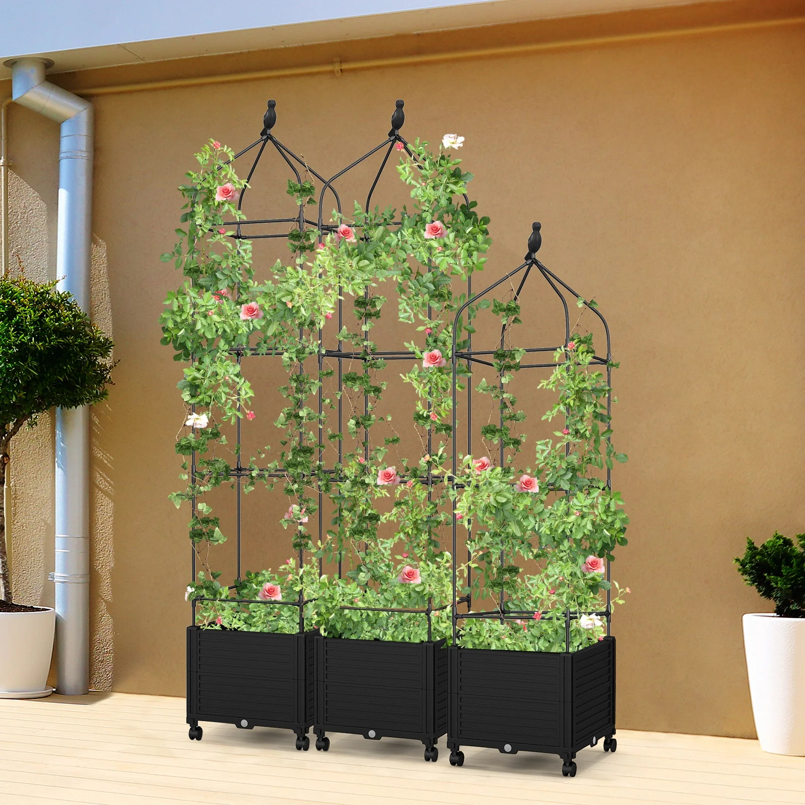 Raised Garden Bed With Trellis, Self-Drainage, Wheels, Black - Image 7