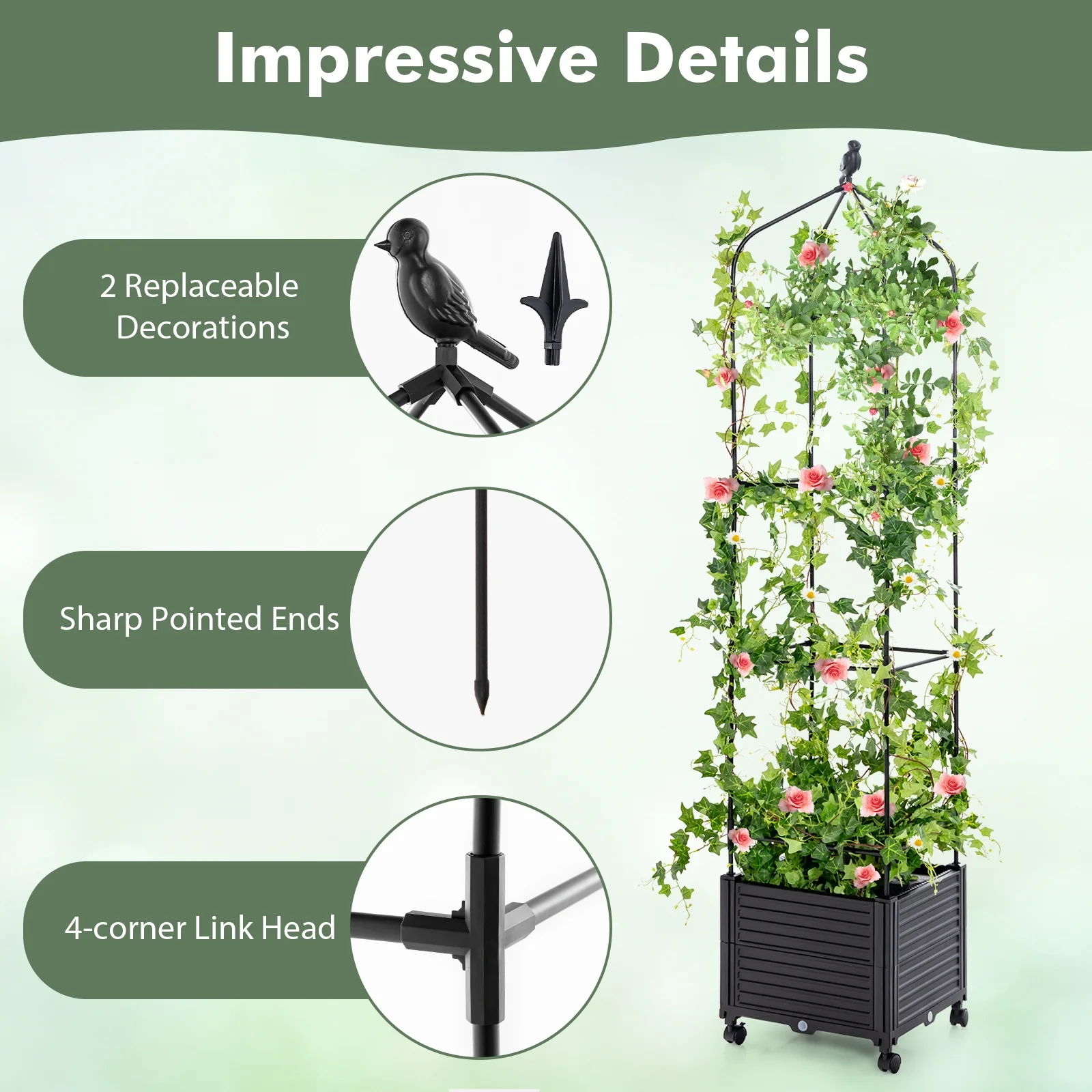 Raised Garden Bed With Trellis, Self-Drainage, Wheels, Black - Image 9