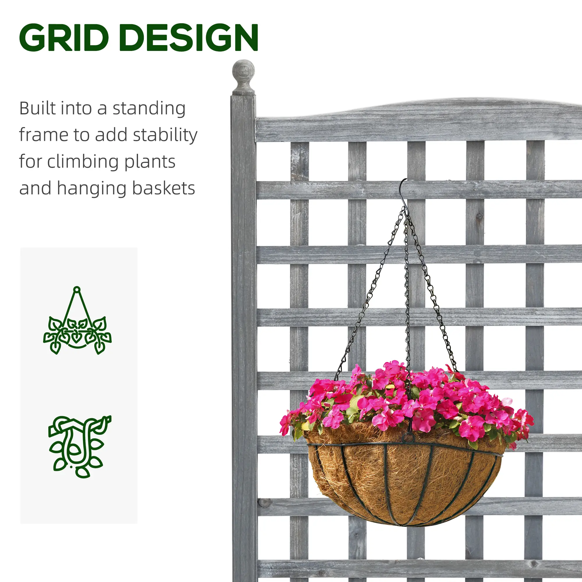Raised Garden Bed with Trellis, Wood Planter Box, 25.2" x 11" x 47.2", Grey - Image 4