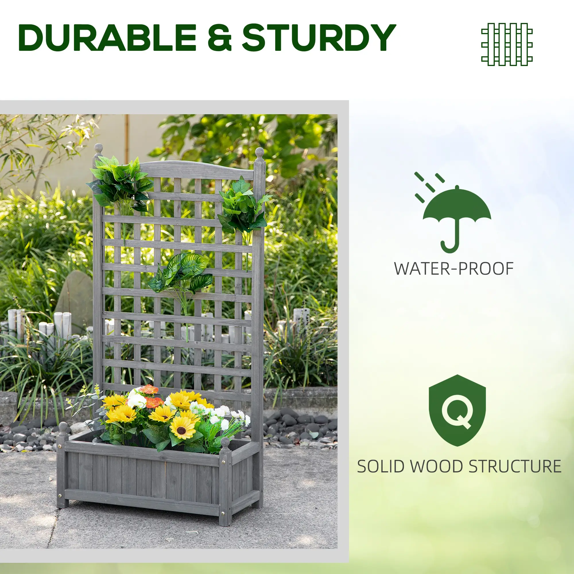 Raised Garden Bed with Trellis, Wood Planter Box, 25.2" x 11" x 47.2", Grey - Image 6