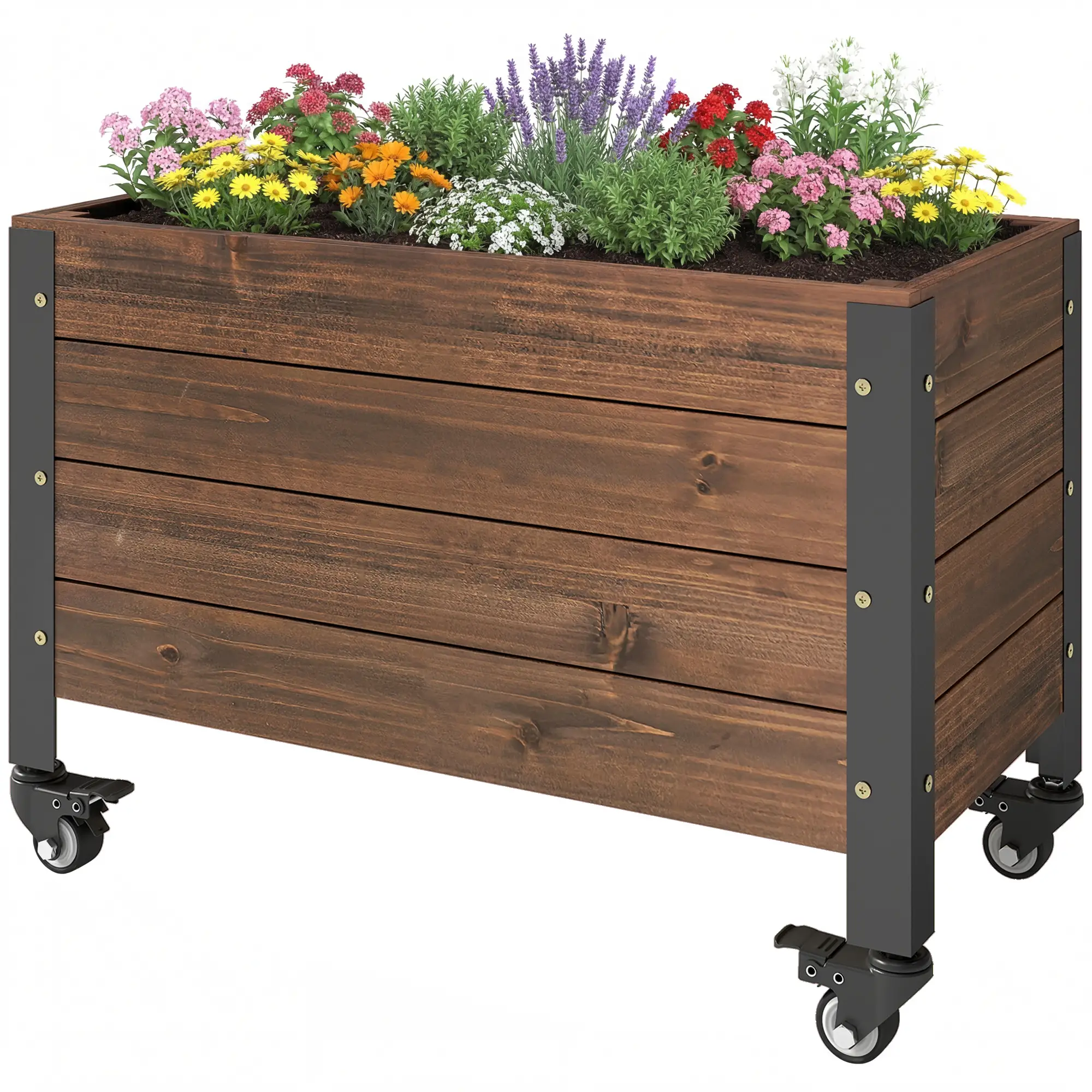 Raised Garden Bed With Wheels, Drainage Holes, Planter Box With Liner