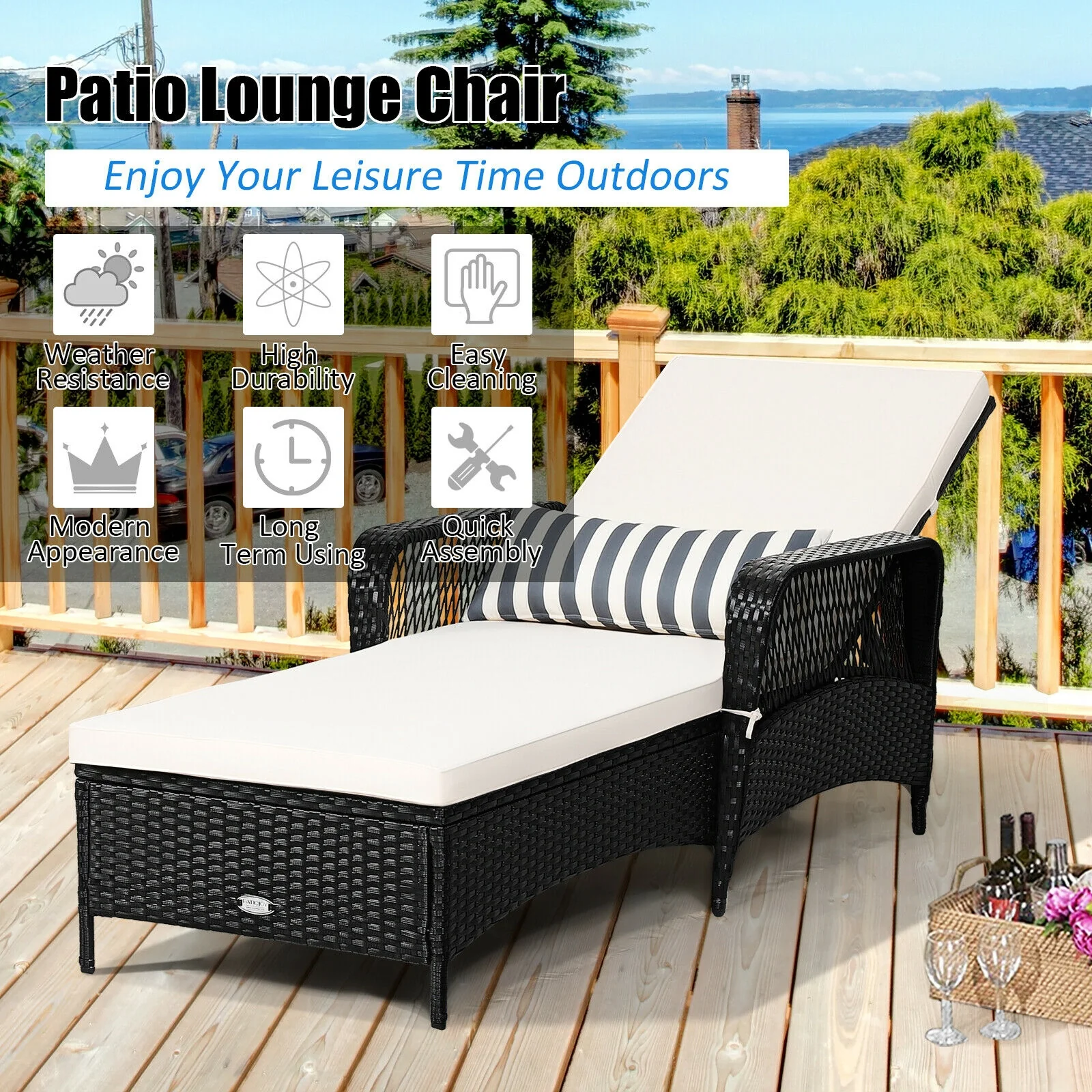 Rattan Armrest Chaise Lounge Chair, Black - Image 8