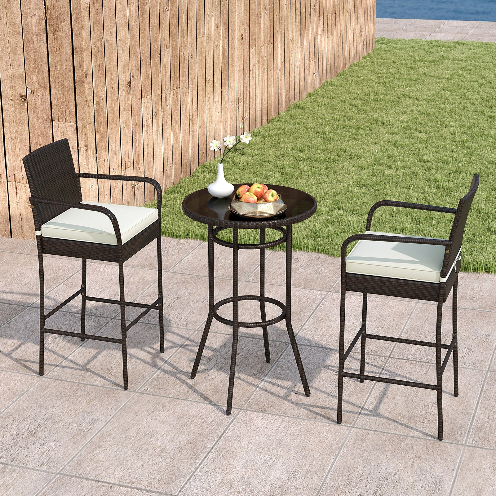 Rattan Bar Height Table And Chairs, 2 Seat Cushions, White - Image 2