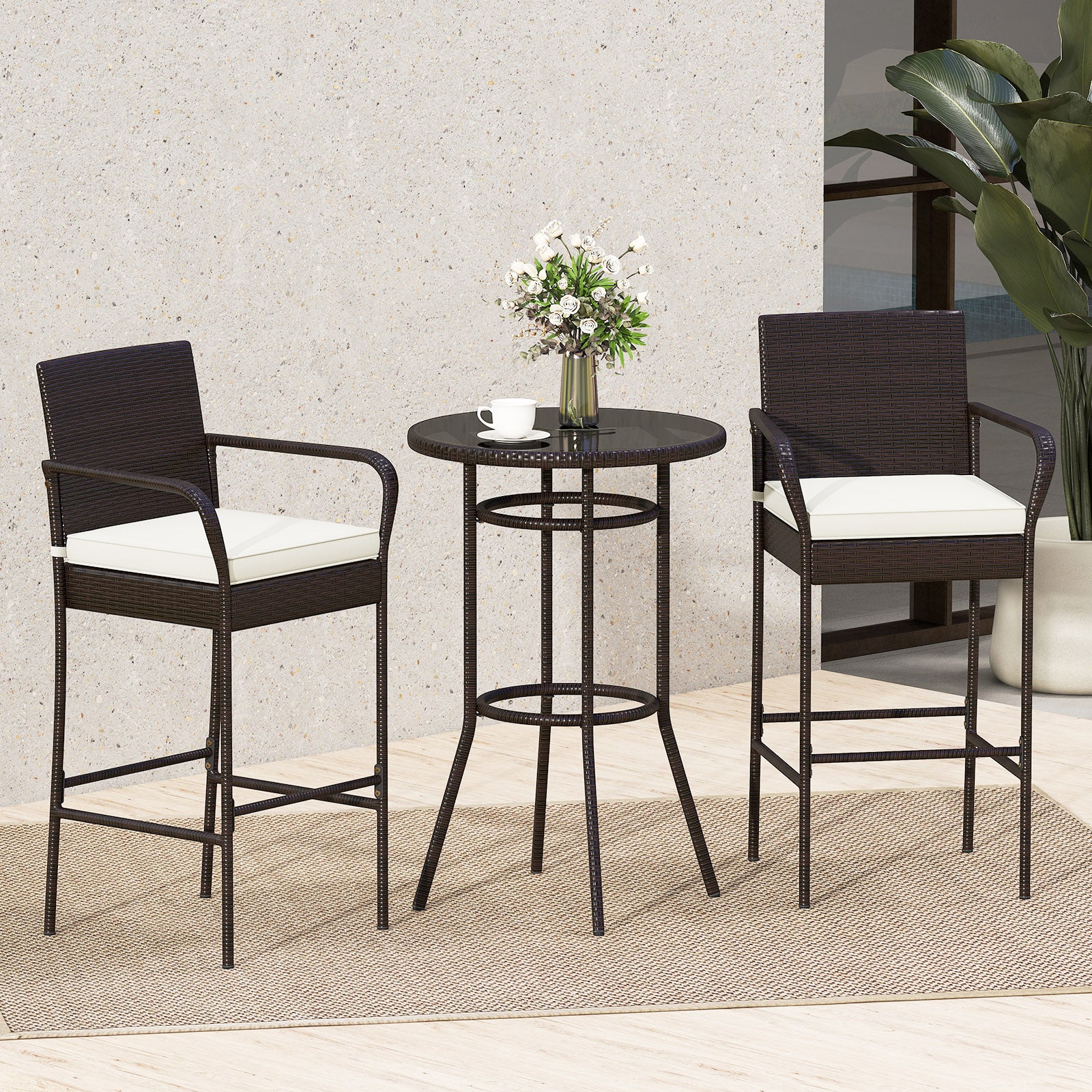 Rattan Bar Height Table And Chairs, 2 Seat Cushions, White - Image 3