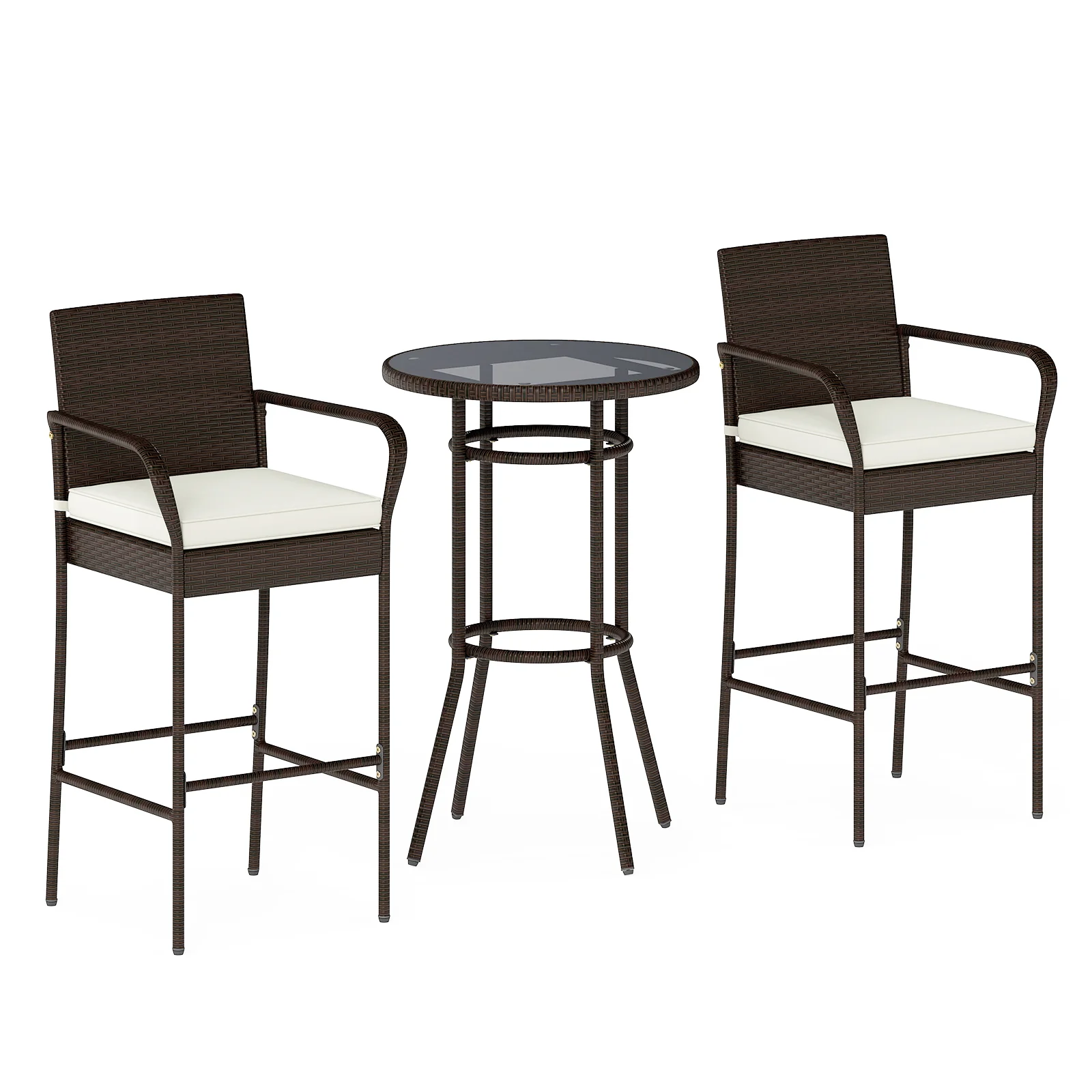 Rattan Bar Height Table And Chairs, 2 Seat Cushions, White - Image 4