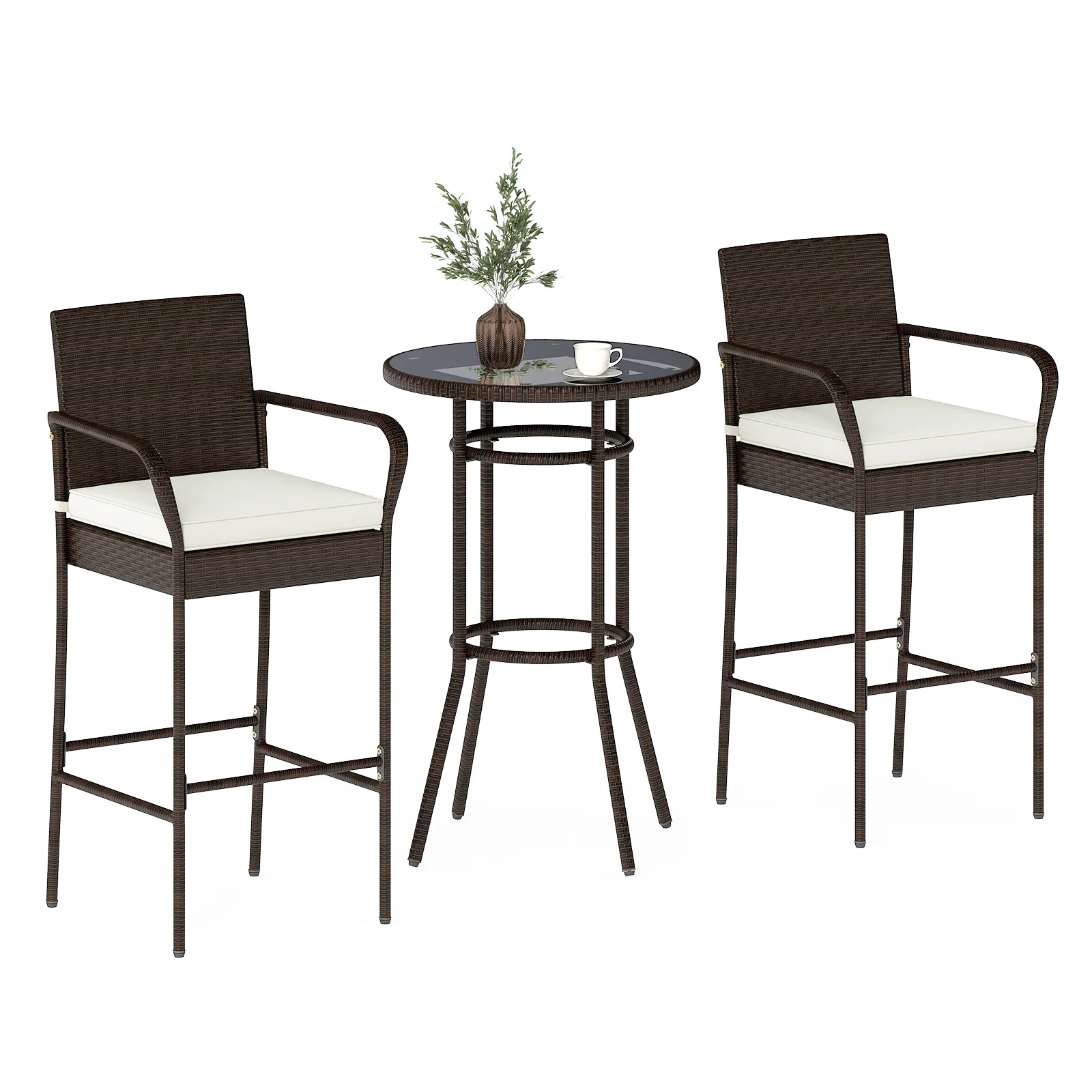 Rattan Bar Height Table And Chairs, 2 Seat Cushions, White - Image 5
