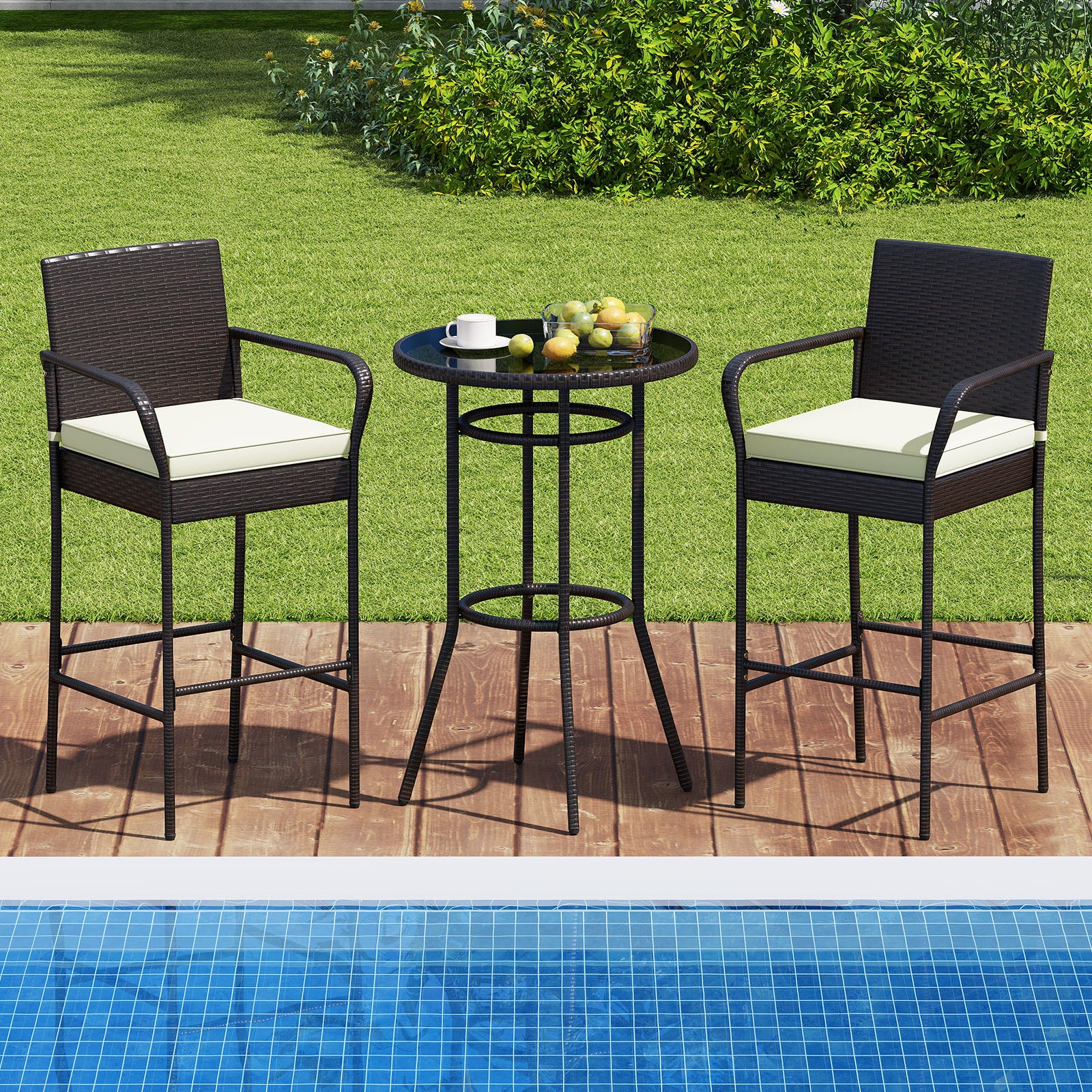 Rattan Bar Height Table And Chairs, 2 Seat Cushions, White - Image 7