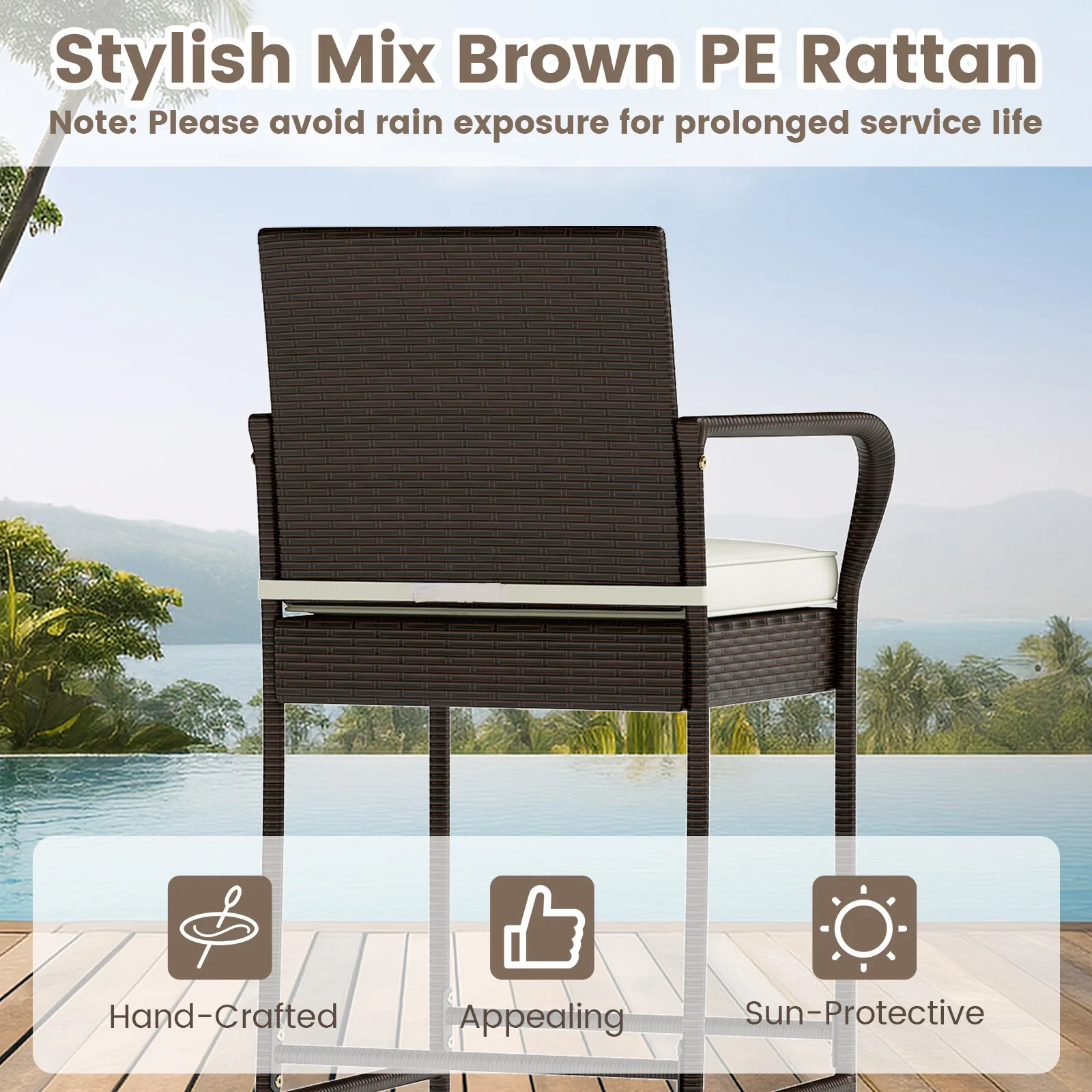 Rattan Bar Height Table And Chairs, 2 Seat Cushions, White - Image 8