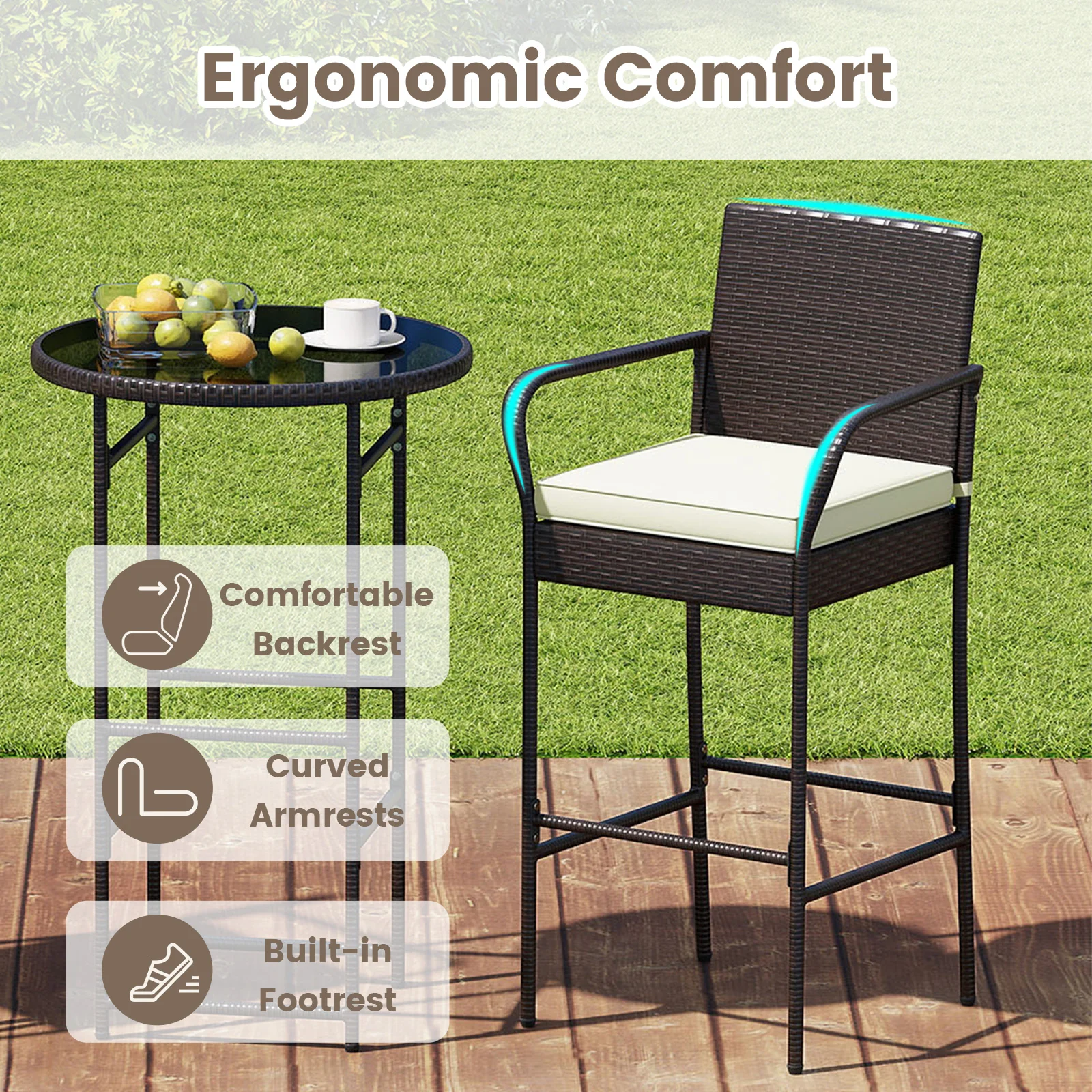 Rattan Bar Height Table And Chairs, 2 Seat Cushions, White - Image 9