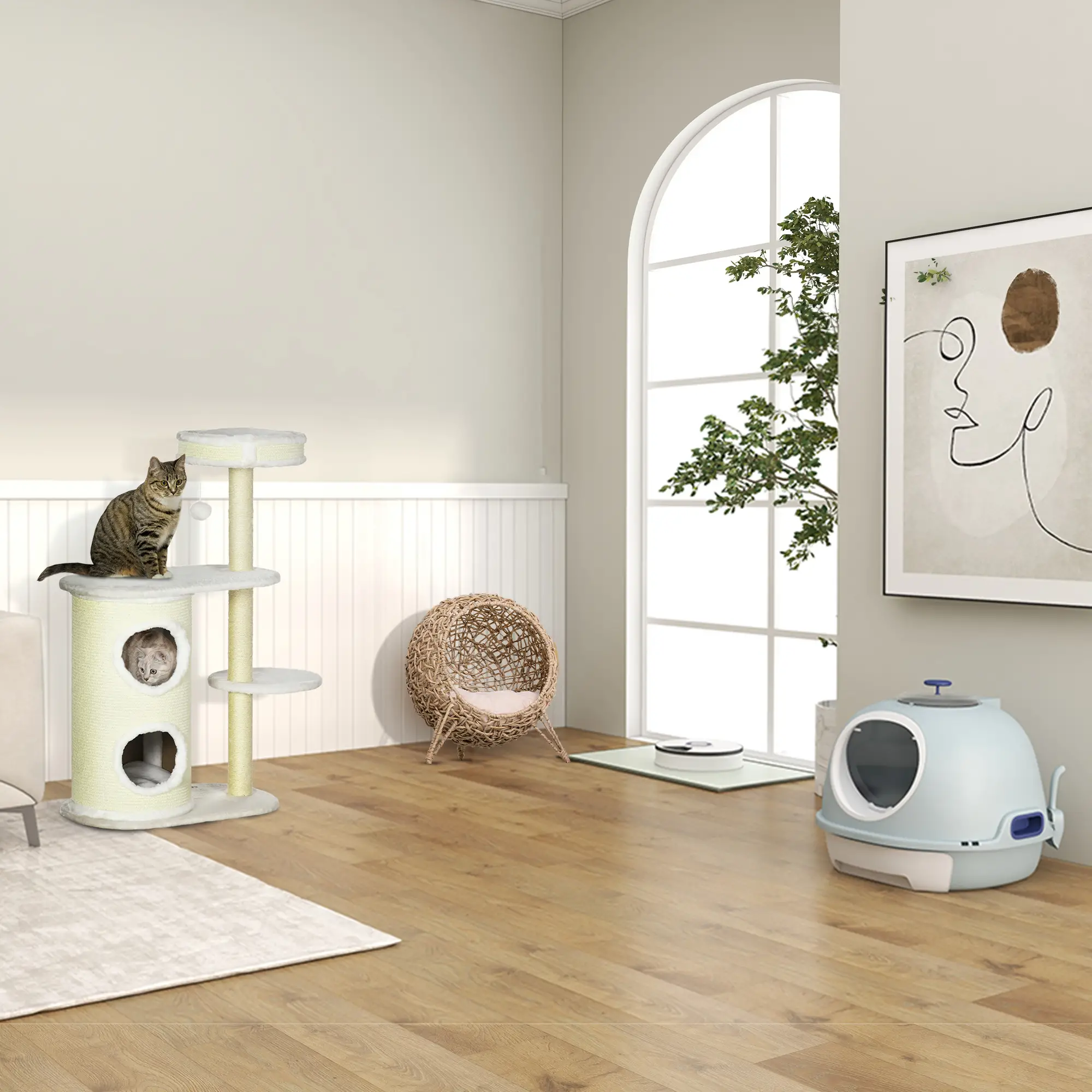 Rattan Cat House with Cushion, Elevated Wicker Kitten Bed, Natural Wood - Image 10