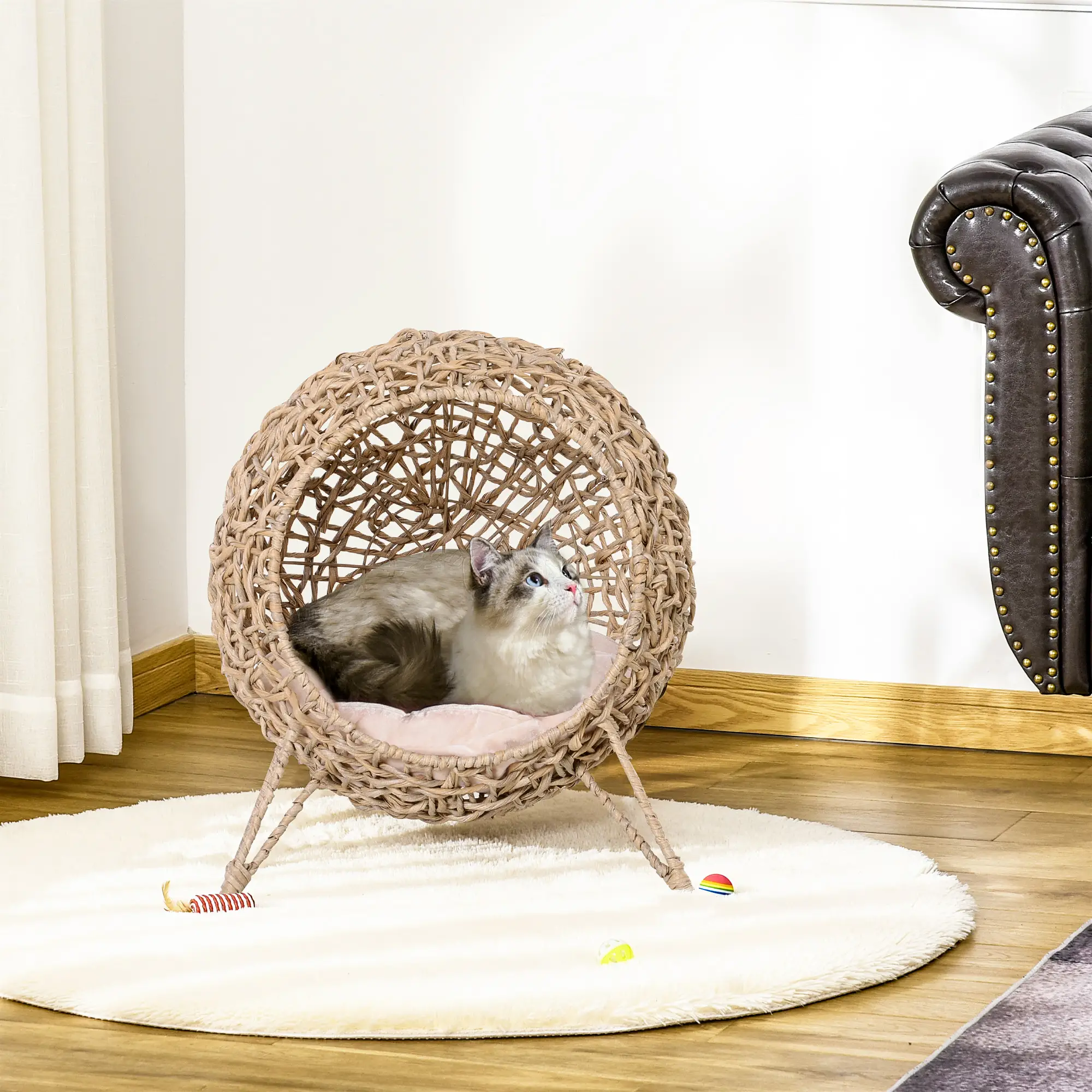 Rattan Cat House with Cushion, Elevated Wicker Kitten Bed, Natural Wood - Image 2