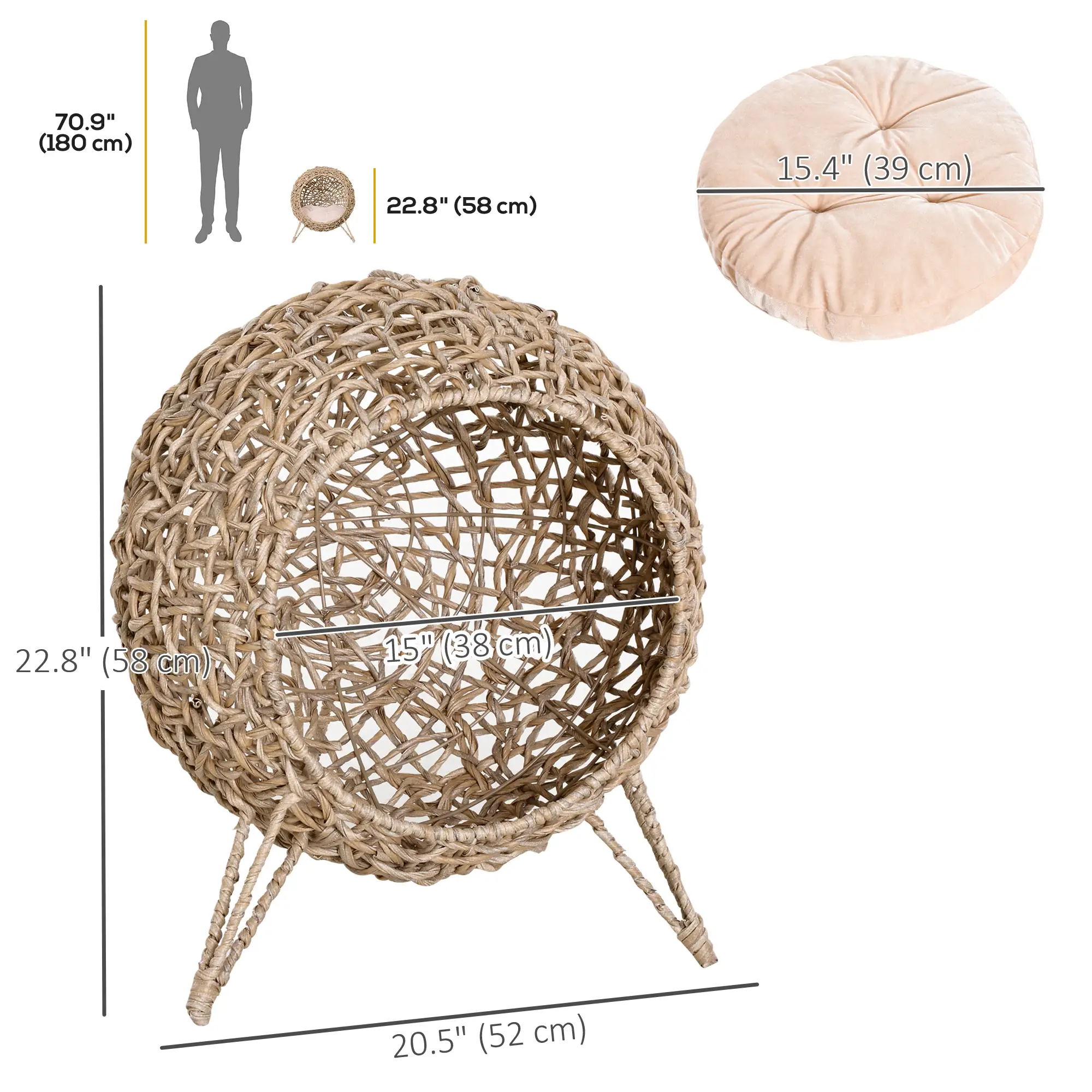 Rattan Cat House with Cushion, Elevated Wicker Kitten Bed, Natural Wood - Image 3