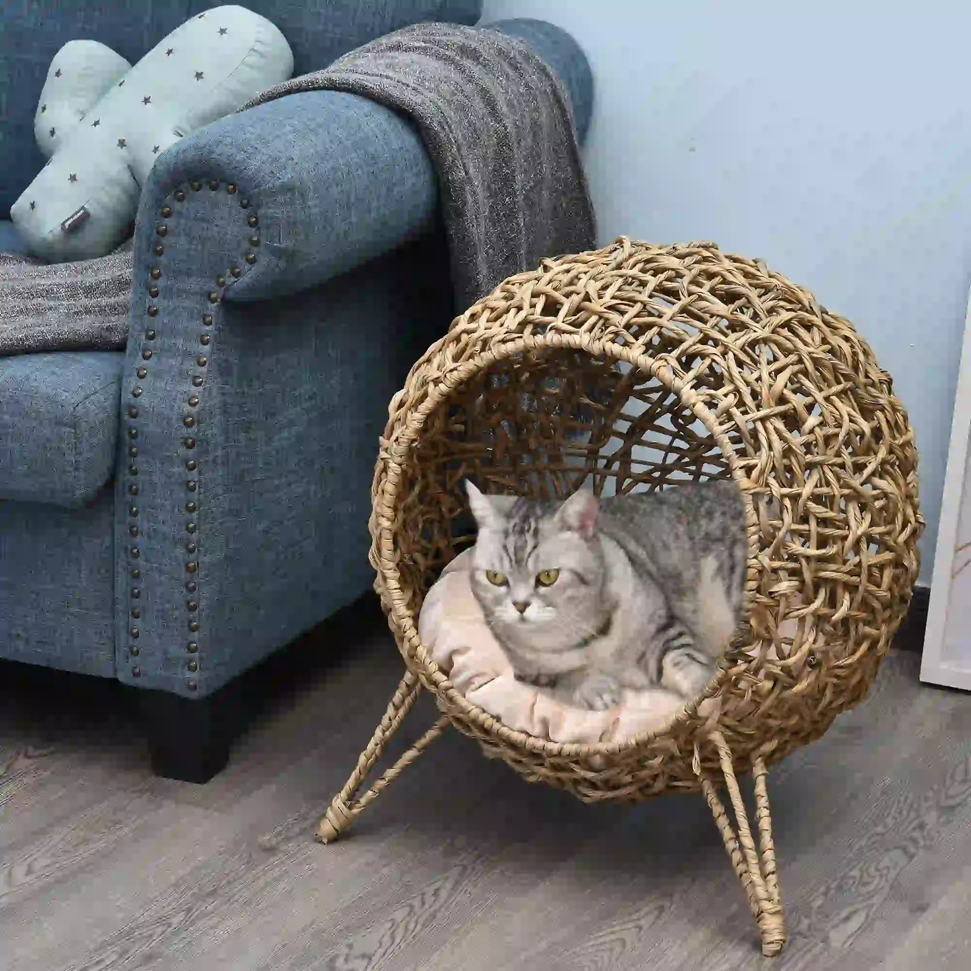 Rattan Cat House with Cushion, Elevated Wicker Kitten Bed, Natural Wood - Image 7