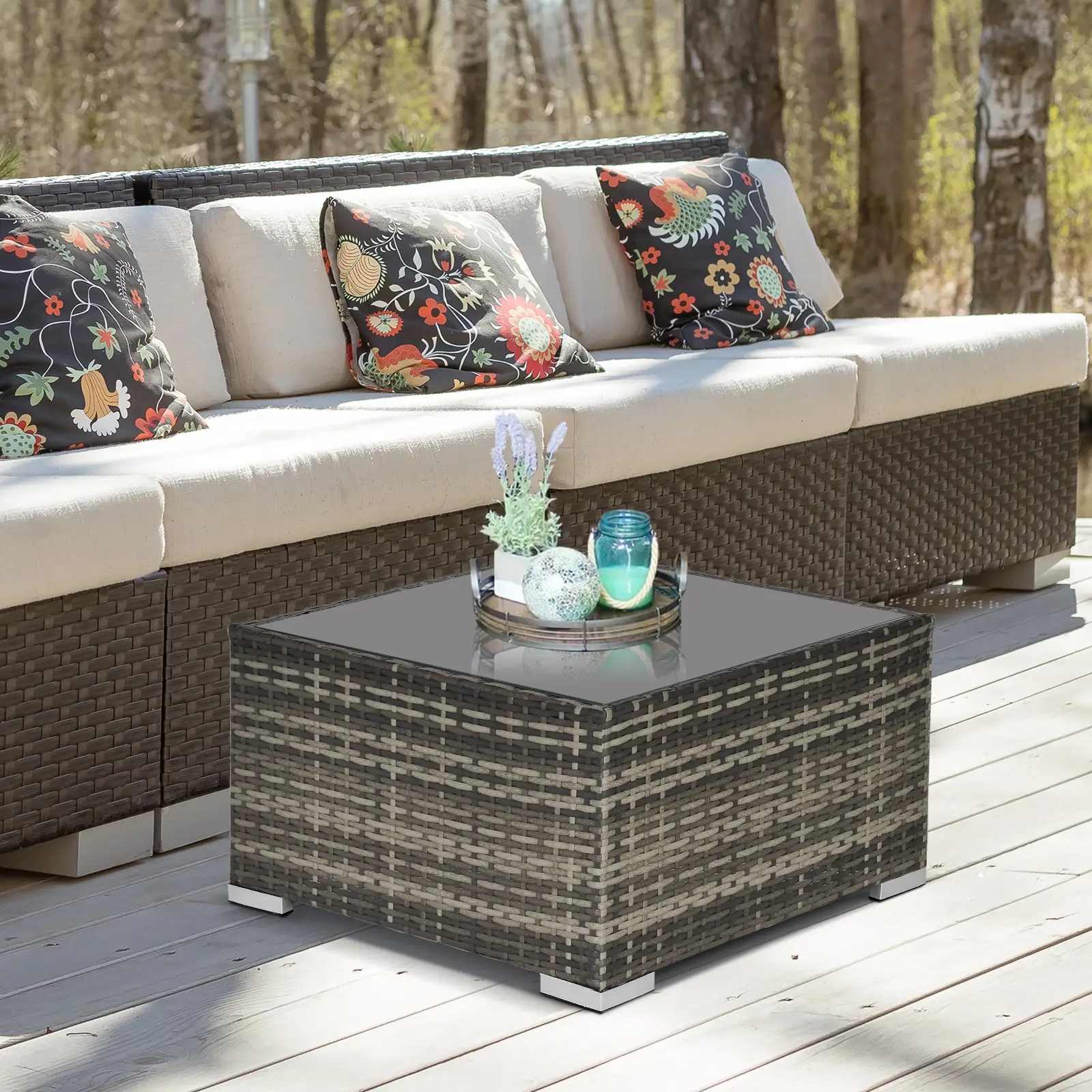 Rattan Coffee Table, 25.6" Square, Tempered Glass Top, Deep Grey - Image 2