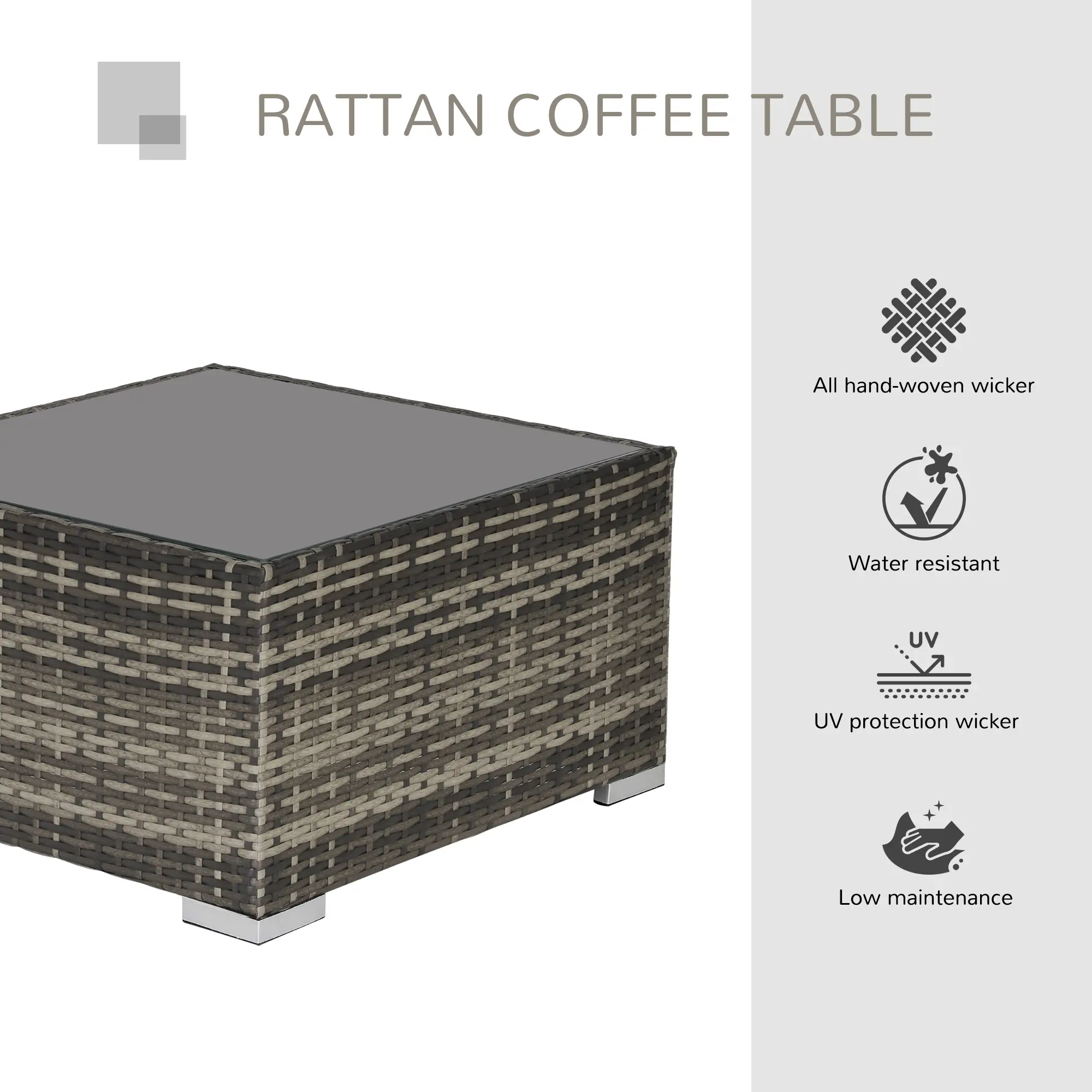 Rattan Coffee Table, 25.6" Square, Tempered Glass Top, Deep Grey - Image 4