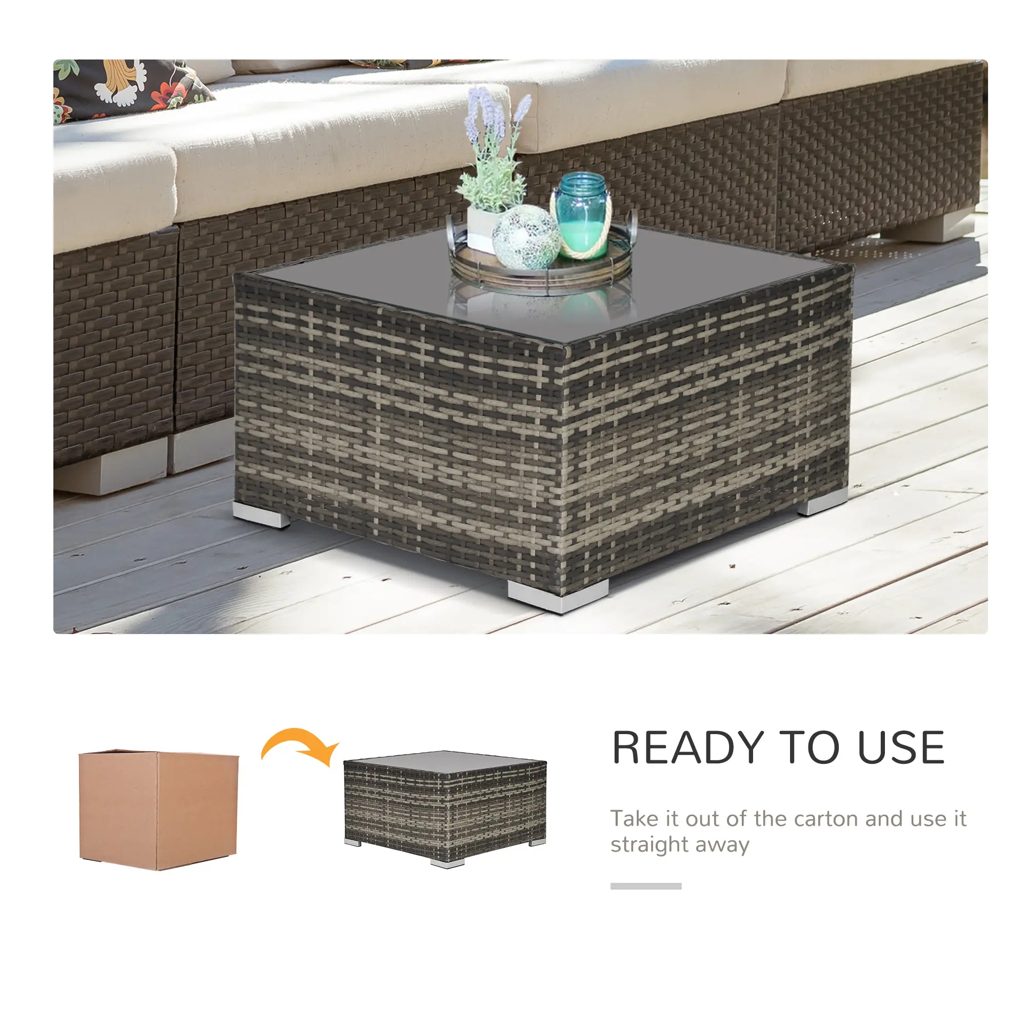 Rattan Coffee Table, 25.6" Square, Tempered Glass Top, Deep Grey - Image 6