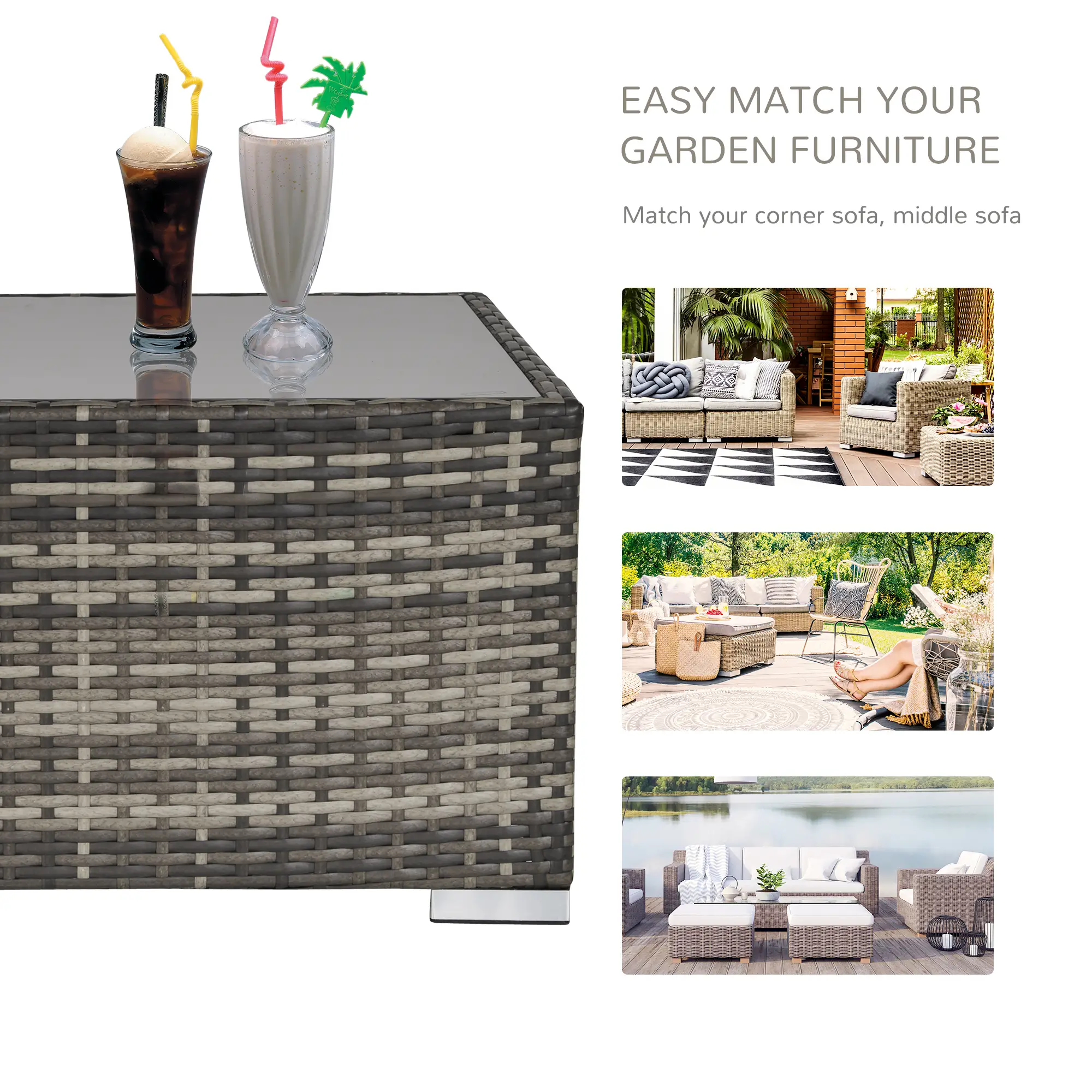 Rattan Coffee Table, 25.6" Square, Tempered Glass Top, Deep Grey - Image 7