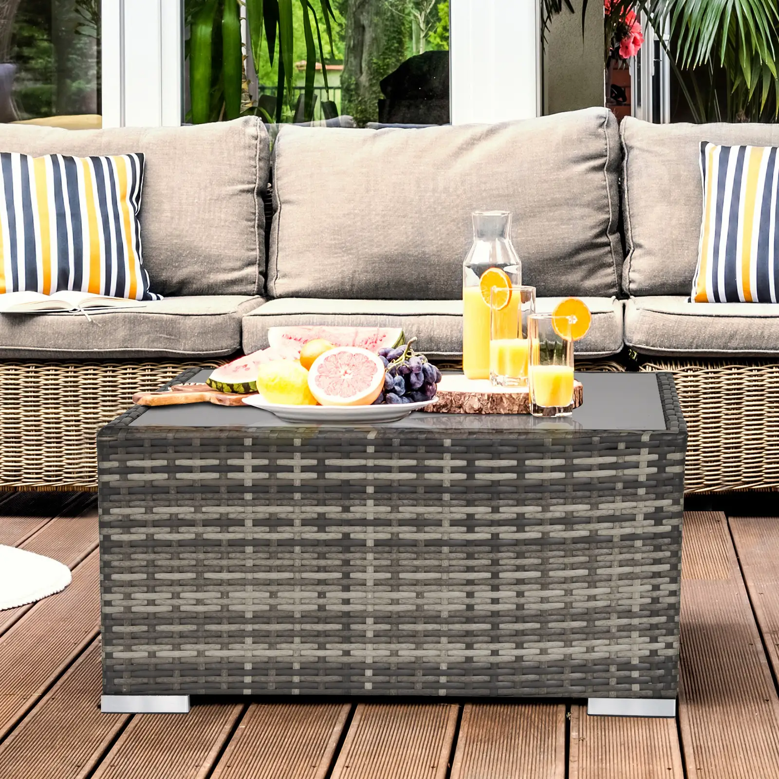 Rattan Coffee Table, 25.6" Square, Tempered Glass Top, Deep Grey - Image 8
