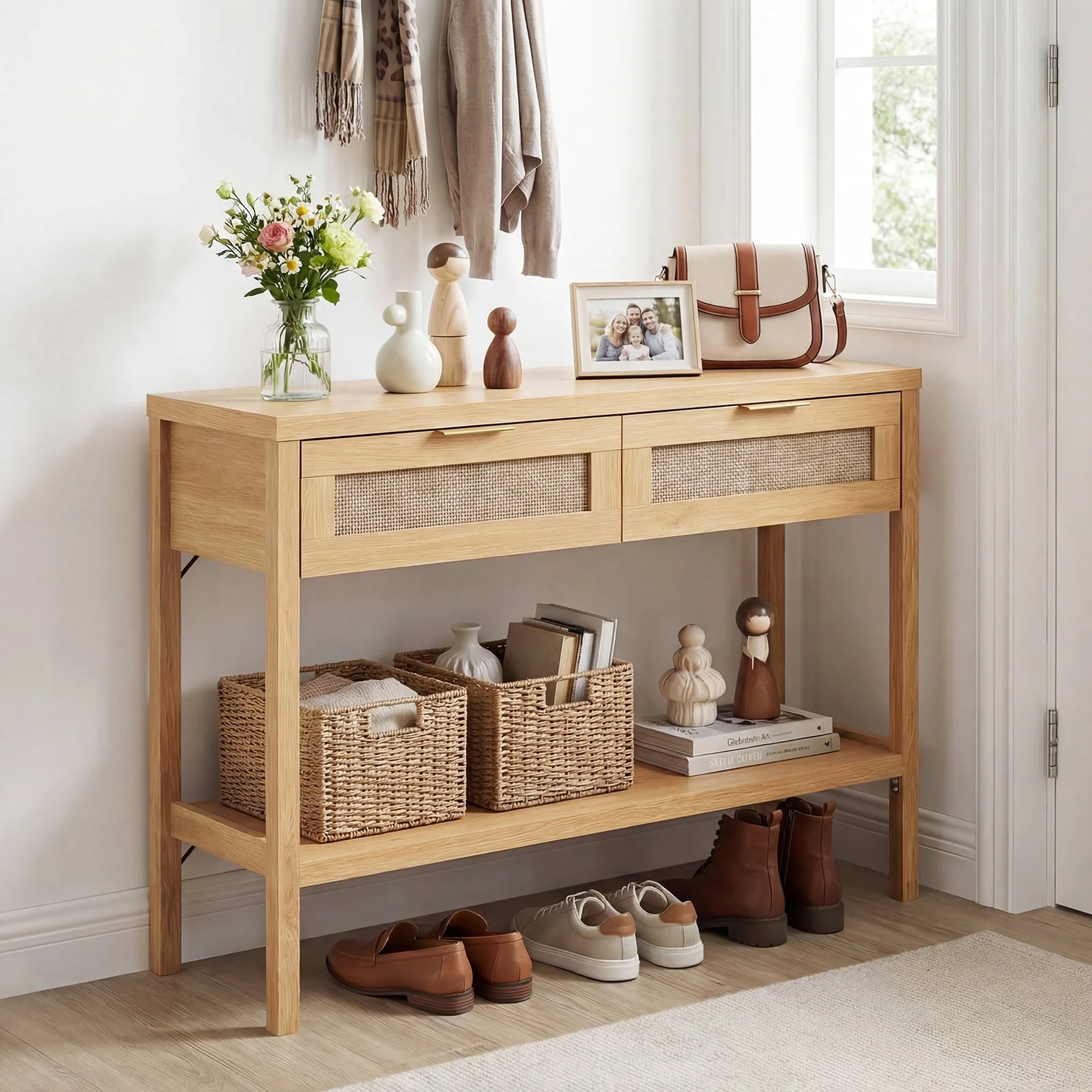 Rattan Console Table, 2 Drawers, Bottom Shelf, Natural - Image 2