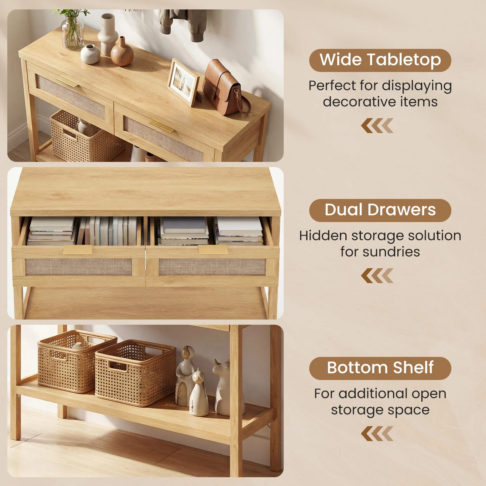 Rattan Console Table, 2 Drawers, Bottom Shelf, Natural - Image 5